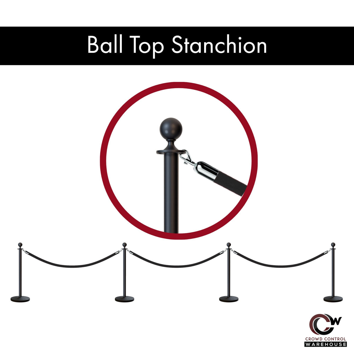 Post and Rope Stanchion Kit, Ball Top Posts, 6 Ft. Velvet Foam Core Rope - Montour Line - Crowd Control Warehouse