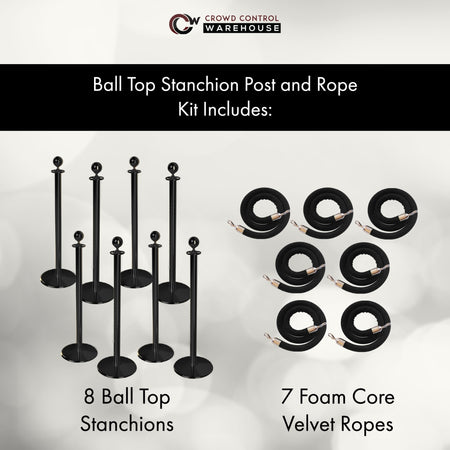 Post and Rope Stanchion Kit, Ball Top Posts, 6 Ft. Velvet Foam Core Rope - Montour Line - Crowd Control Warehouse