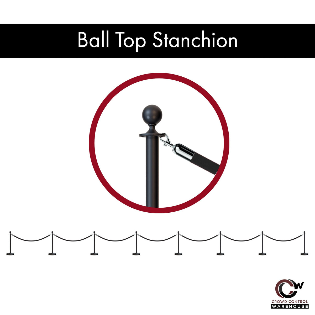 Post and Rope Stanchion Kit, Ball Top Posts, 6 Ft. Velvet Foam Core Rope - Montour Line - Crowd Control Warehouse