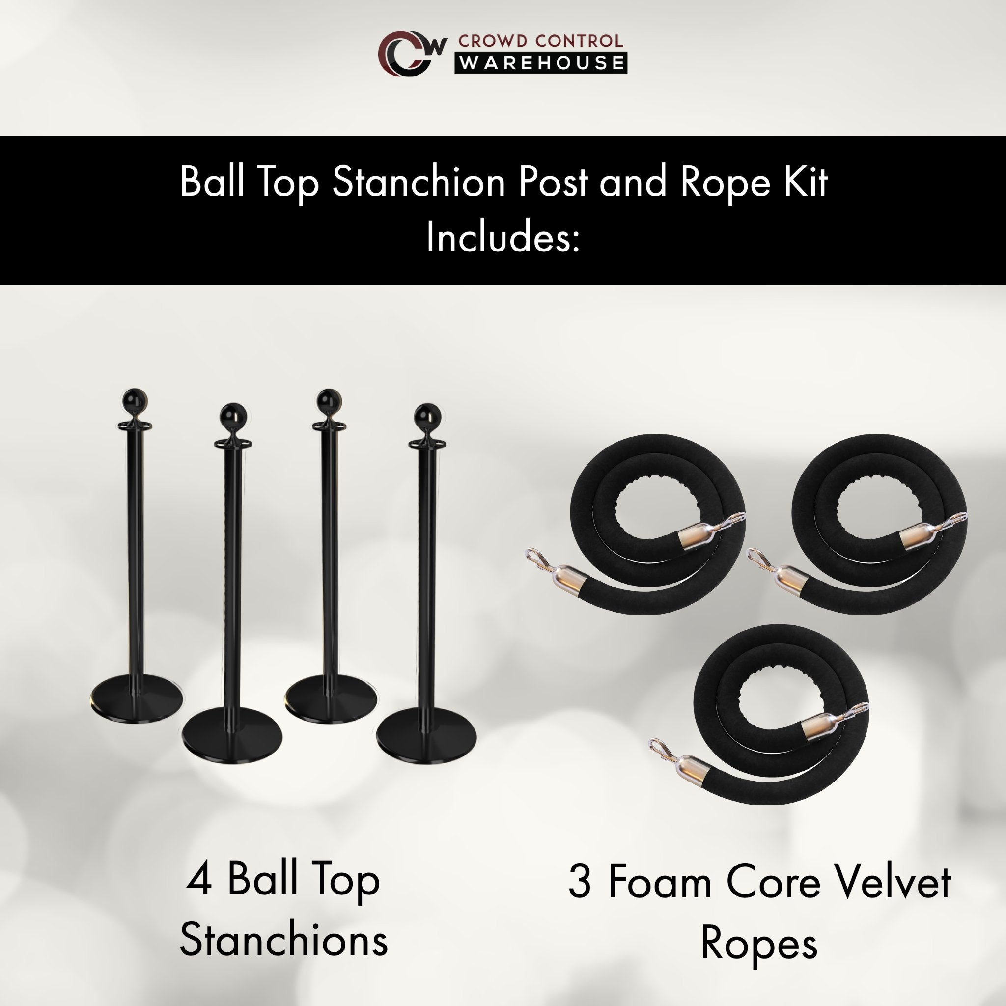 Post and Rope Stanchion Kit, Ball Top Posts, 6 Ft. Velvet Foam Core Rope - Montour Line - Crowd Control Warehouse