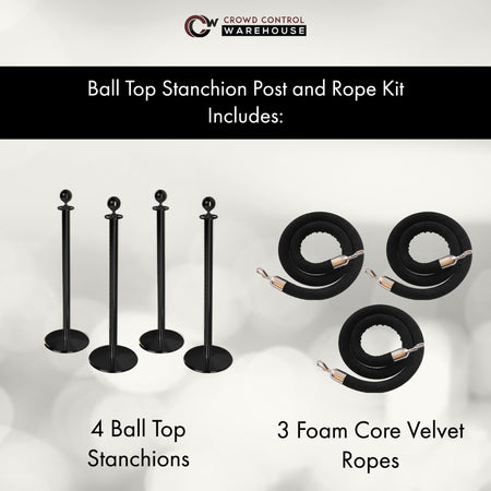 Post and Rope Stanchion Kit, Ball Top Posts, 6 Ft. Velvet Foam Core Rope - Montour Line - Crowd Control Warehouse