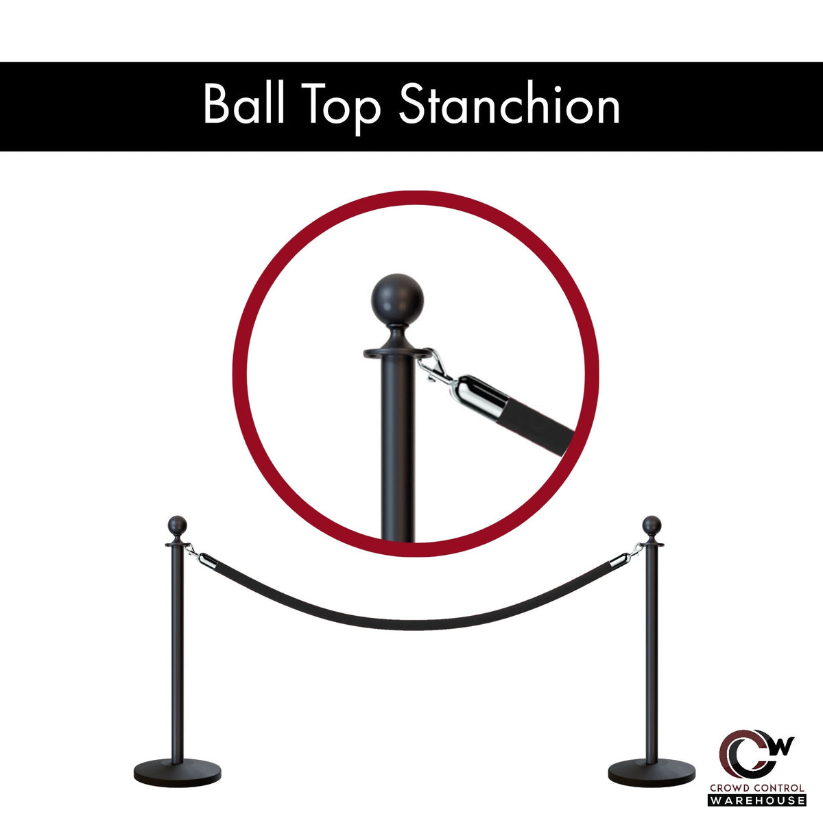 Post and Rope Stanchion Kit, Ball Top Posts, 6 Ft. Velvet Foam Core Rope - Montour Line - Crowd Control Warehouse