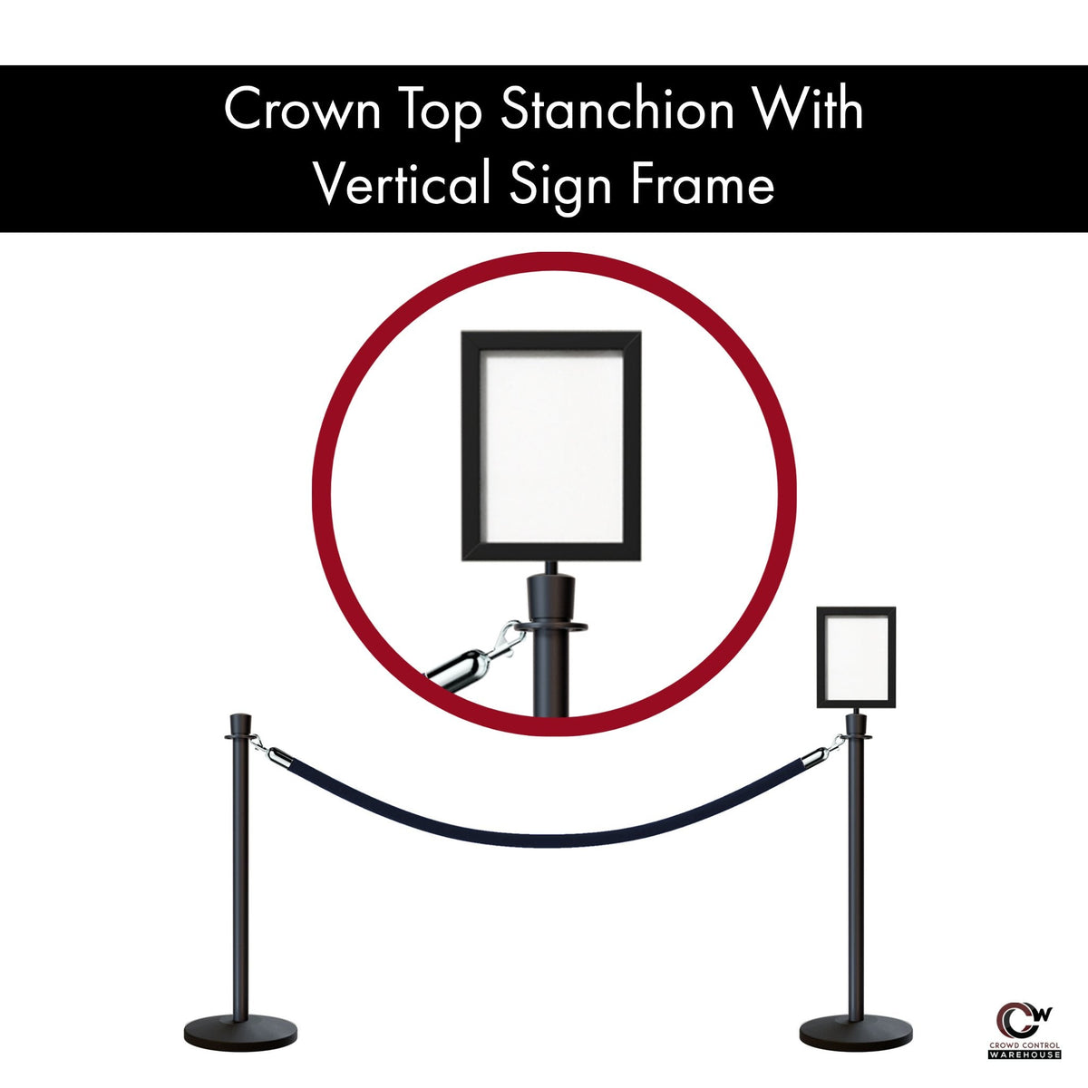 Post and Rope Stanchion Kit, Crown Top Posts, 6 Ft. Velvet Foam Core Rope and Sign Frame - Montour Line - Crowd Control Warehouse