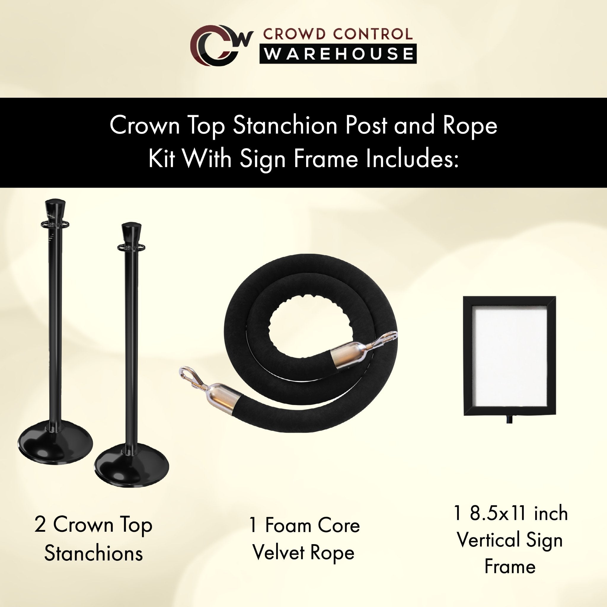Post and Rope Stanchion Kit, Crown Top Posts, 6 Ft. Velvet Foam Core Rope and Sign Frame - Montour Line - Crowd Control Warehouse