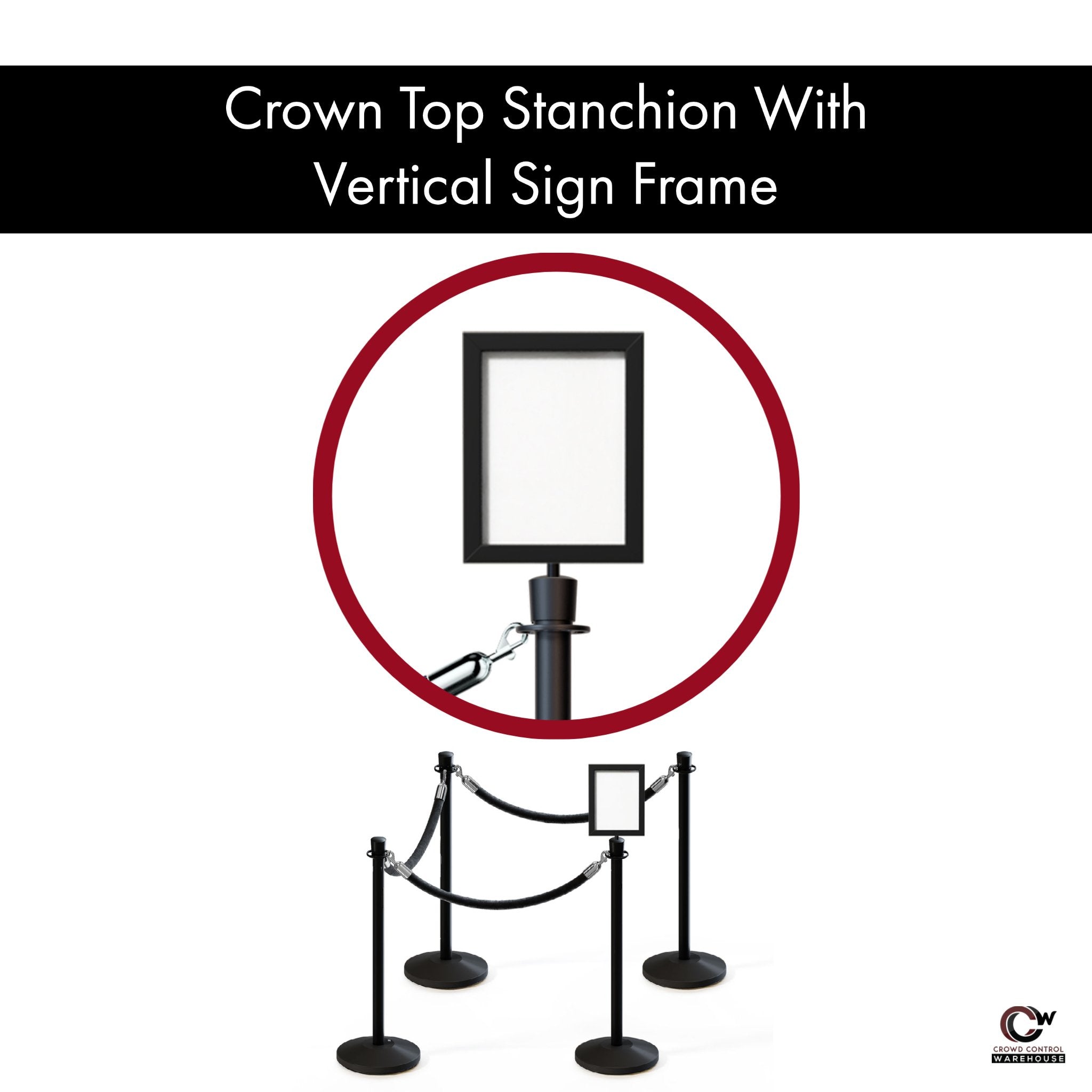 Post and Rope Stanchion Kit, Crown Top Posts, 6 Ft. Velvet Foam Core Rope and Sign Frame - Montour Line - Crowd Control Warehouse