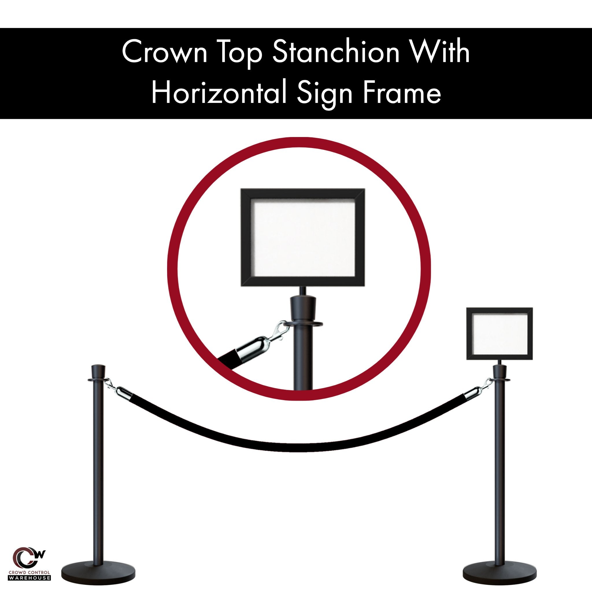 Post and Rope Stanchion Kit, Crown Top Posts, 6 Ft. Velvet Foam Core Rope and Sign Frame - Montour Line - Crowd Control Warehouse