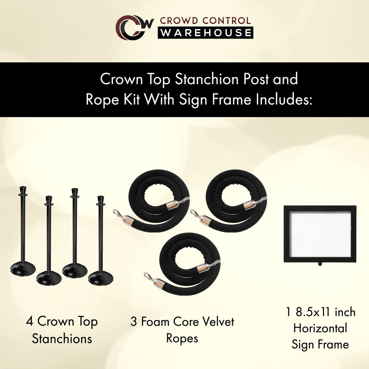 Post and Rope Stanchion Kit, Crown Top Posts, 6 Ft. Velvet Foam Core Rope and Sign Frame - Montour Line - Crowd Control Warehouse