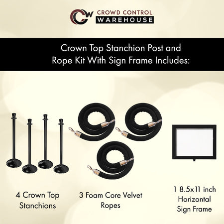Post and Rope Stanchion Kit, Crown Top Posts, 6 Ft. Velvet Foam Core Rope and Sign Frame - Montour Line - Crowd Control Warehouse