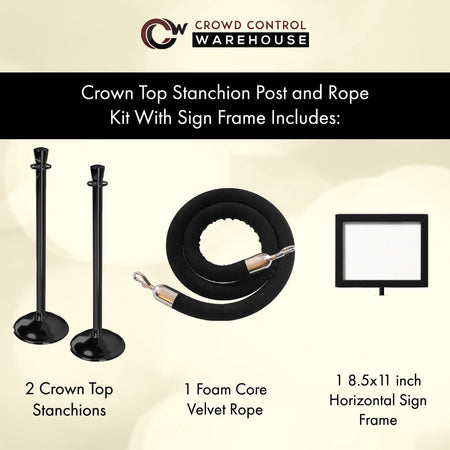Post and Rope Stanchion Kit, Crown Top Posts, 6 Ft. Velvet Foam Core Rope and Sign Frame - Montour Line - Crowd Control Warehouse