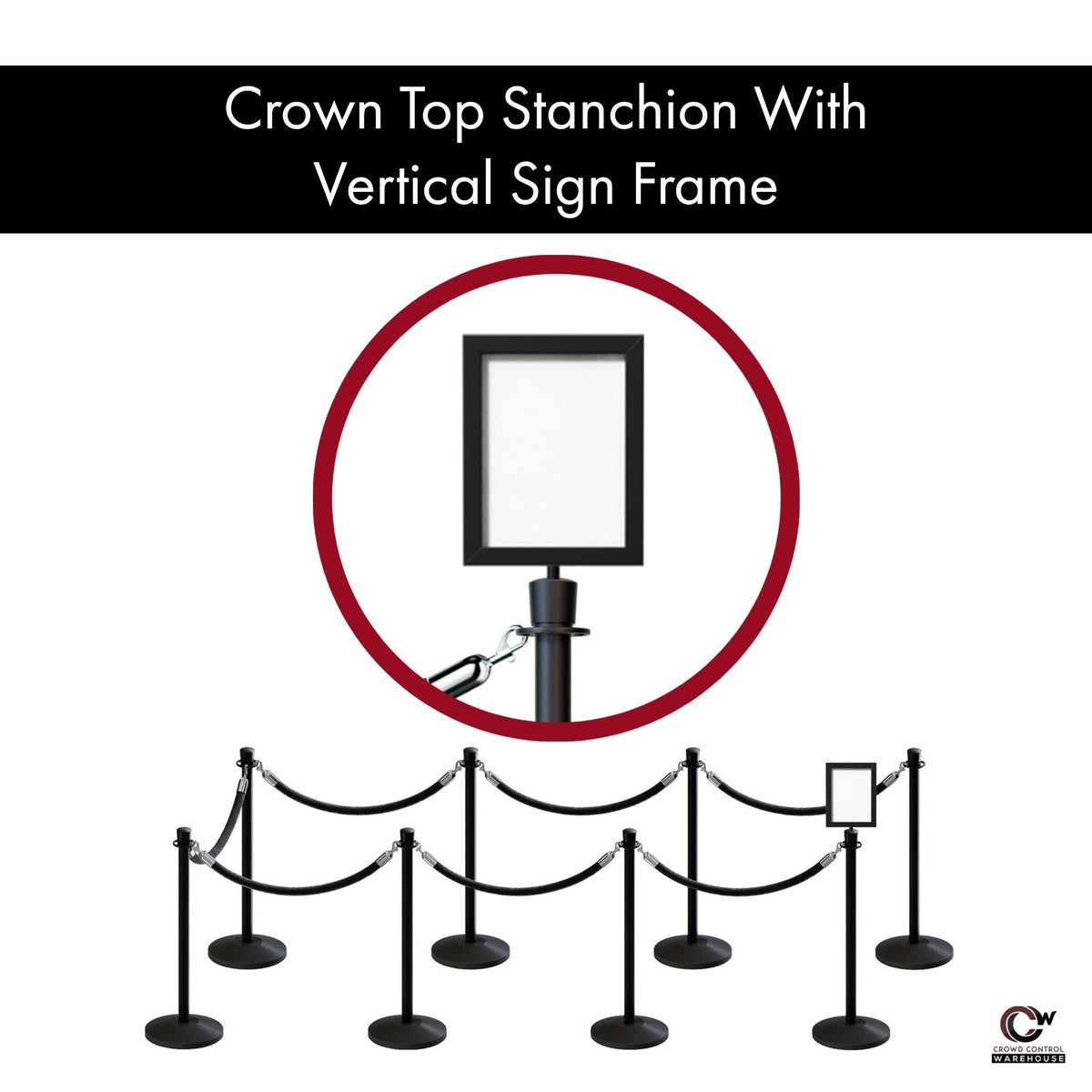Post and Rope Stanchion Kit, Crown Top Posts, 6 Ft. Velvet Foam Core Rope and Sign Frame - Montour Line - Crowd Control Warehouse