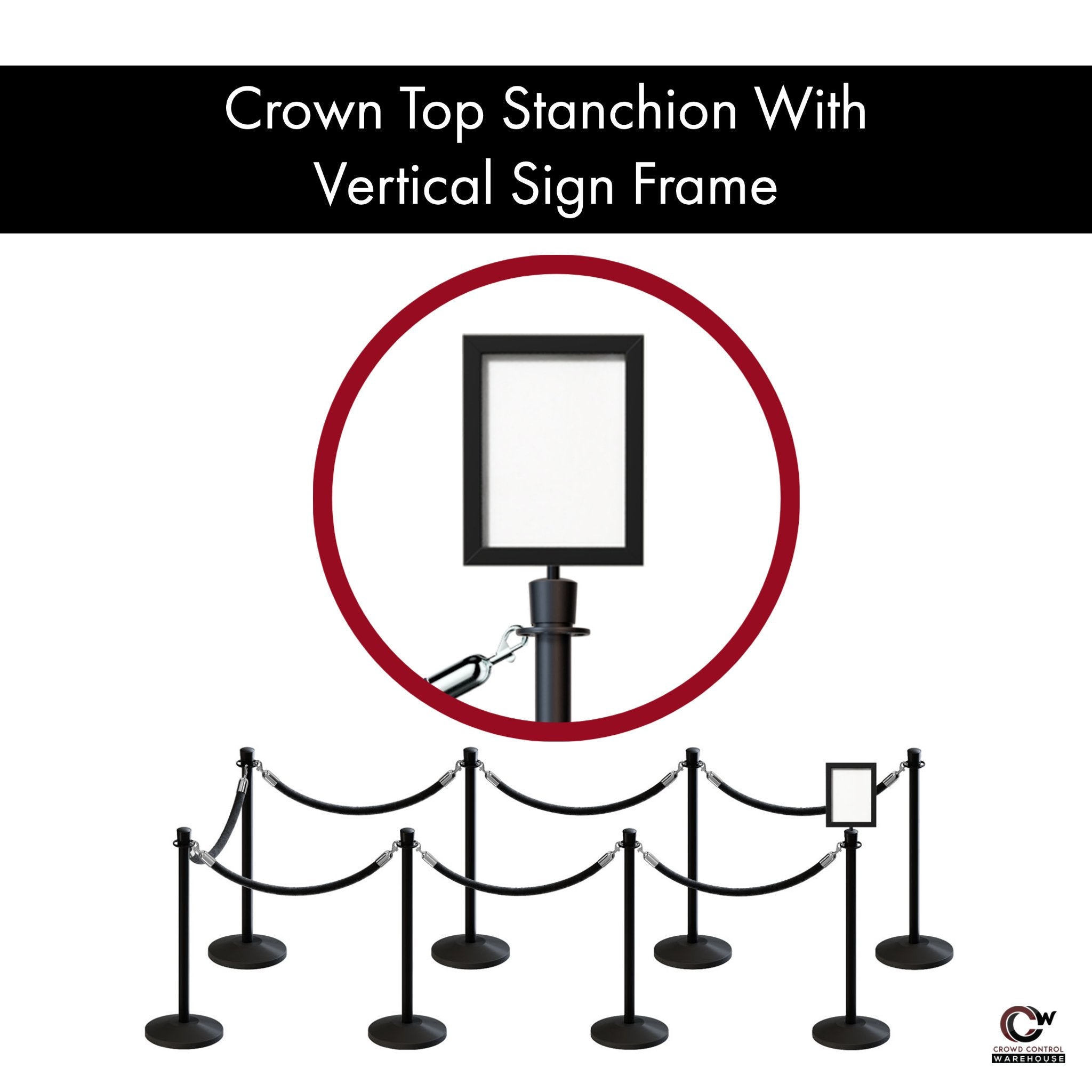 Post and Rope Stanchion Kit, Crown Top Posts, 6 Ft. Velvet Foam Core Rope and Sign Frame - Montour Line - Crowd Control Warehouse