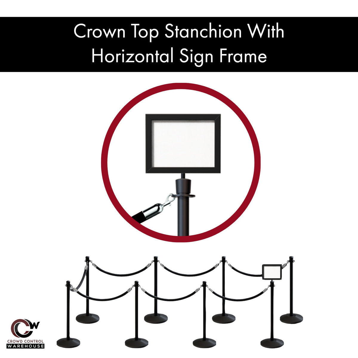 Post and Rope Stanchion Kit, Crown Top Posts, 6 Ft. Velvet Foam Core Rope and Sign Frame - Montour Line - Crowd Control Warehouse