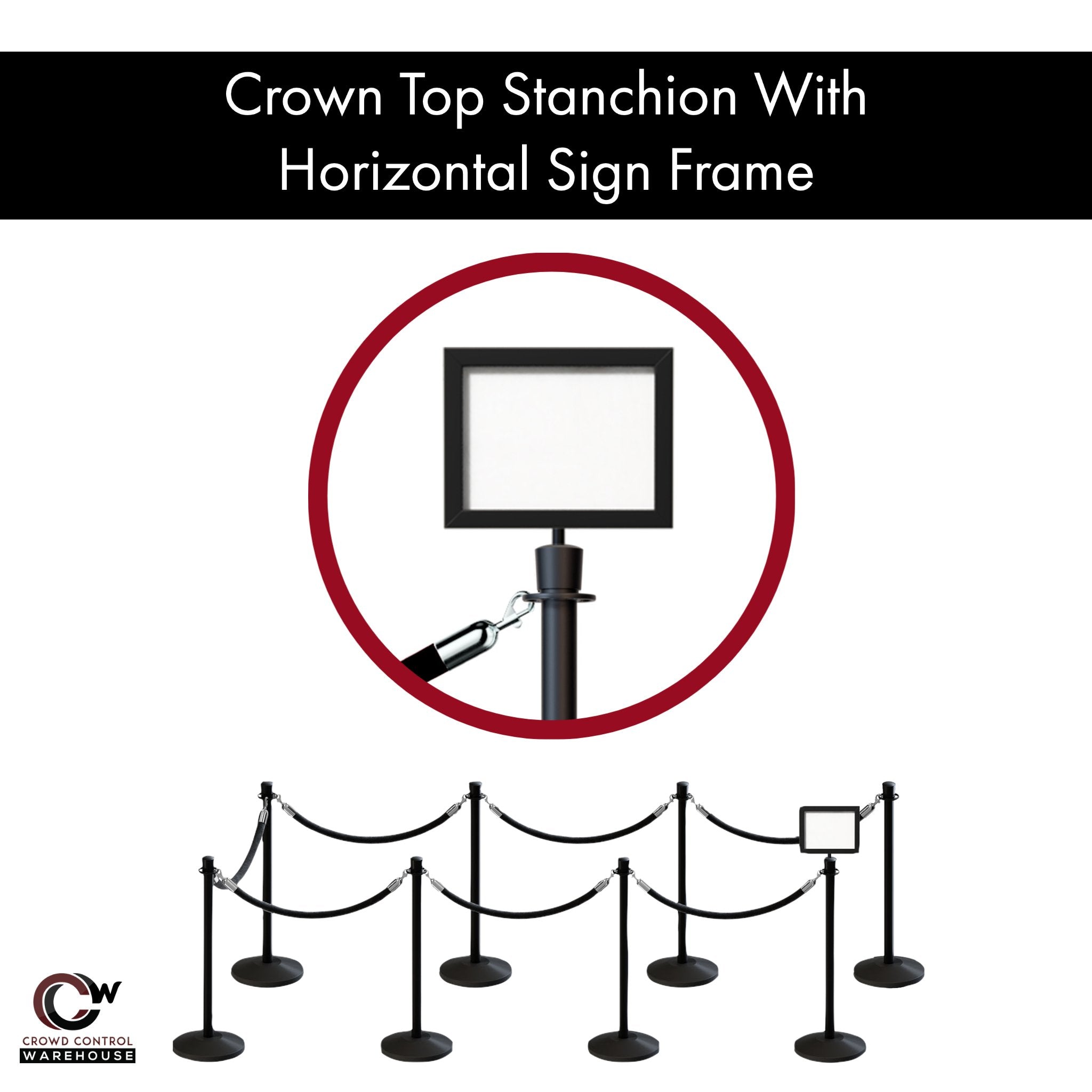 Post and Rope Stanchion Kit, Crown Top Posts, 6 Ft. Velvet Foam Core Rope and Sign Frame - Montour Line - Crowd Control Warehouse