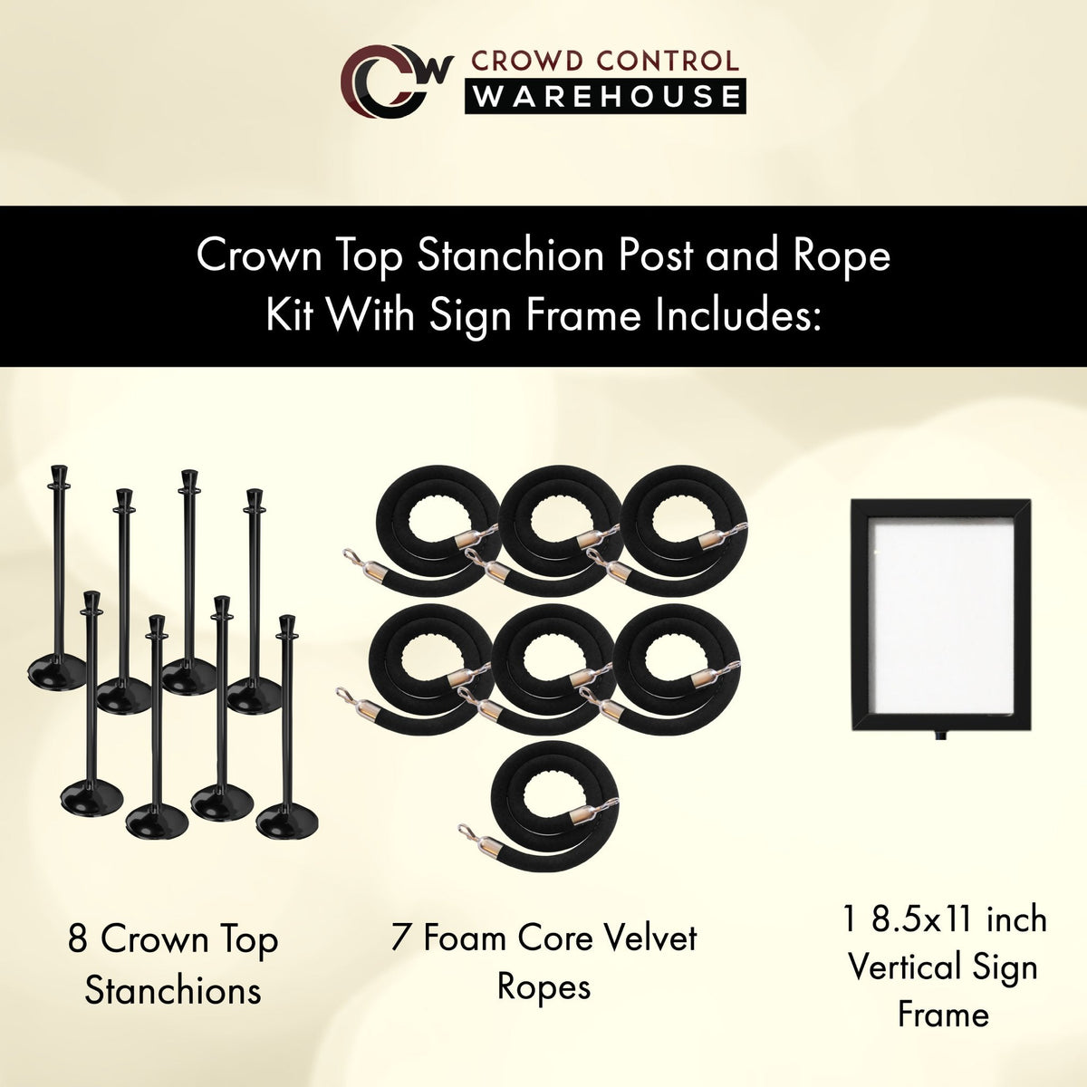 Post and Rope Stanchion Kit, Crown Top Posts, 6 Ft. Velvet Foam Core Rope and Sign Frame - Montour Line - Crowd Control Warehouse