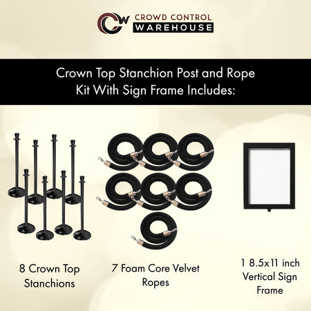 Post and Rope Stanchion Kit, Crown Top Posts, 6 Ft. Velvet Foam Core Rope and Sign Frame - Montour Line - Crowd Control Warehouse