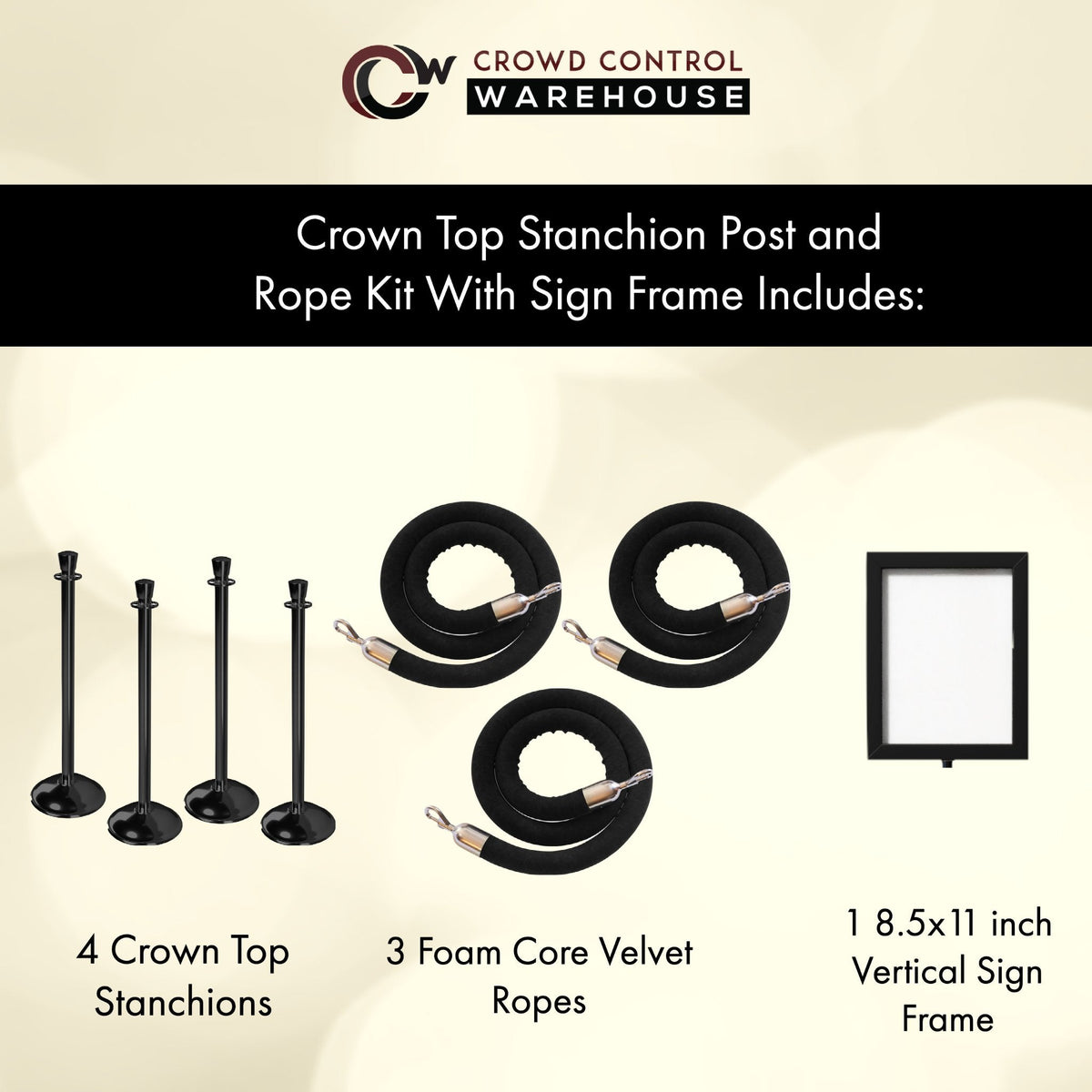 Post and Rope Stanchion Kit, Crown Top Posts, 6 Ft. Velvet Foam Core Rope and Sign Frame - Montour Line - Crowd Control Warehouse