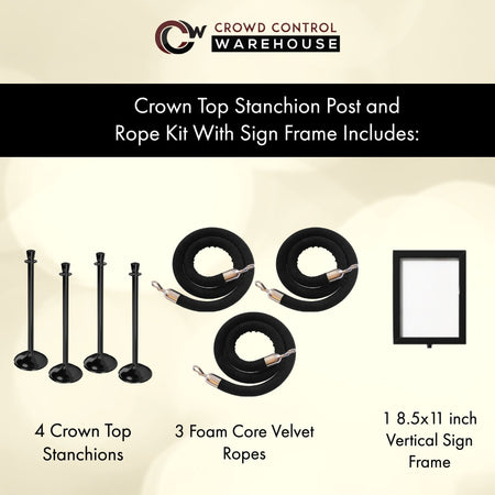 Post and Rope Stanchion Kit, Crown Top Posts, 6 Ft. Velvet Foam Core Rope and Sign Frame - Montour Line - Crowd Control Warehouse