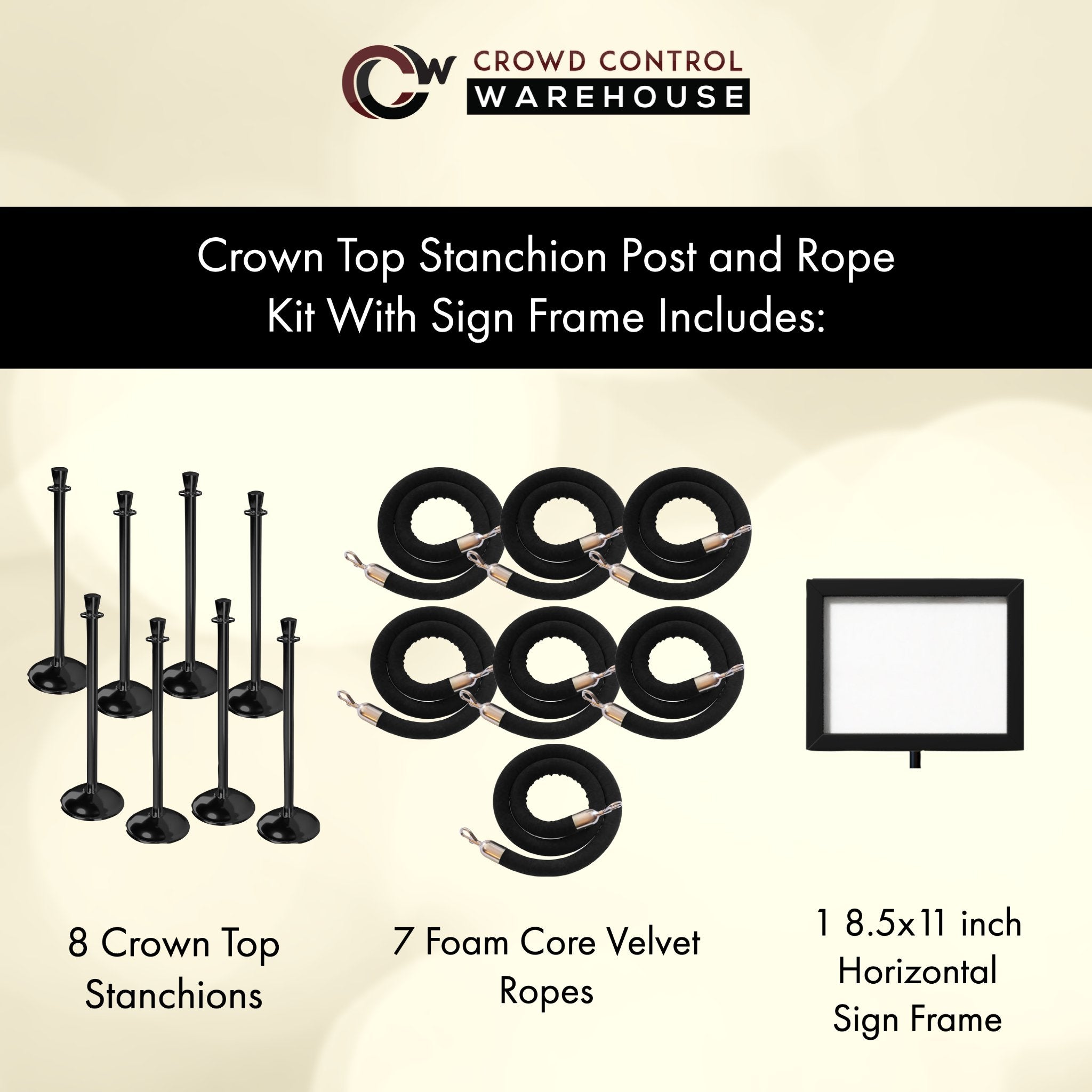 Post and Rope Stanchion Kit, Crown Top Posts, 6 Ft. Velvet Foam Core Rope and Sign Frame - Montour Line - Crowd Control Warehouse