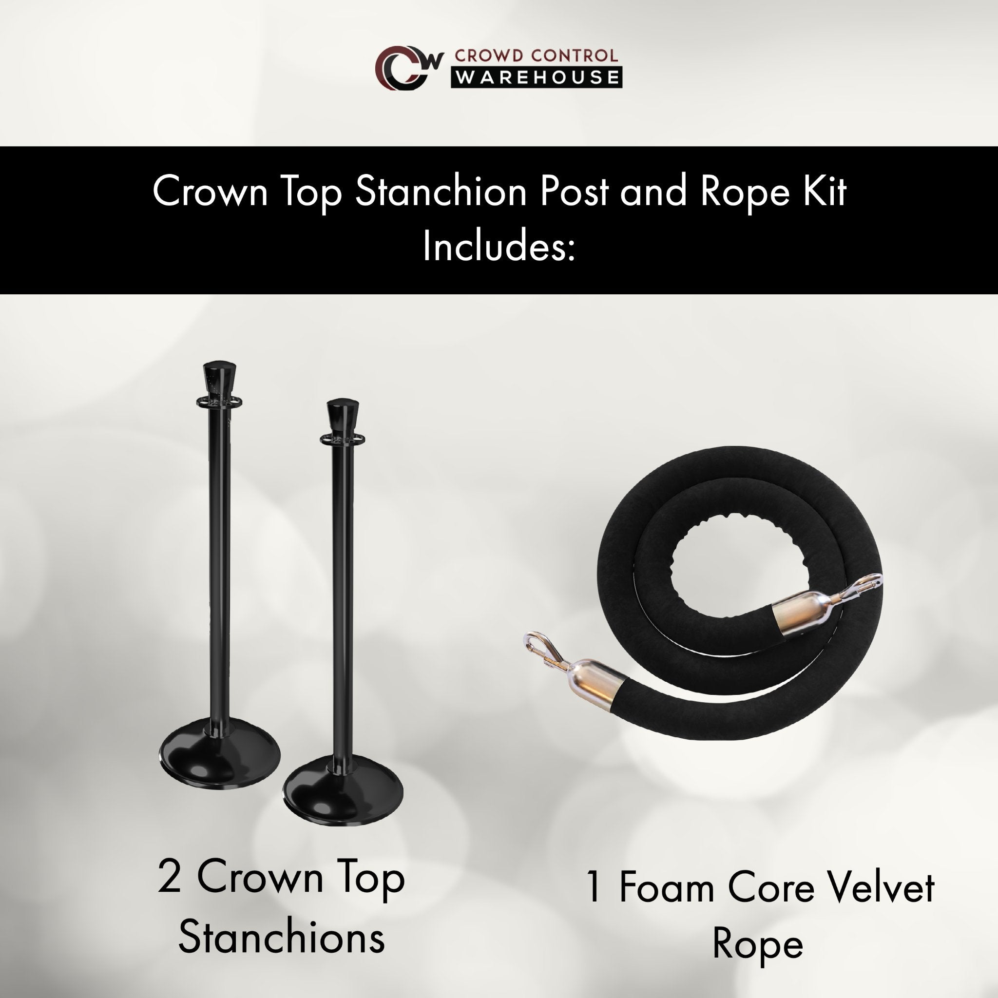Post and Rope Stanchion Kit, Crown Top Posts, 6 Ft. Velvet Foam Core Rope - Montour Line - Crowd Control Warehouse