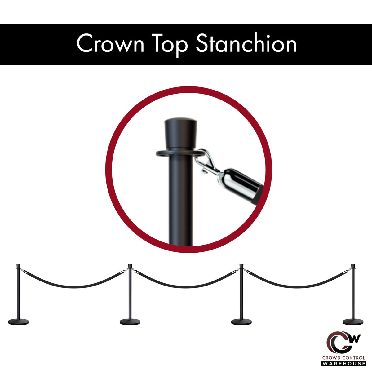 Post and Rope Stanchion Kit, Crown Top Posts, 6 Ft. Velvet Foam Core Rope - Montour Line - Crowd Control Warehouse