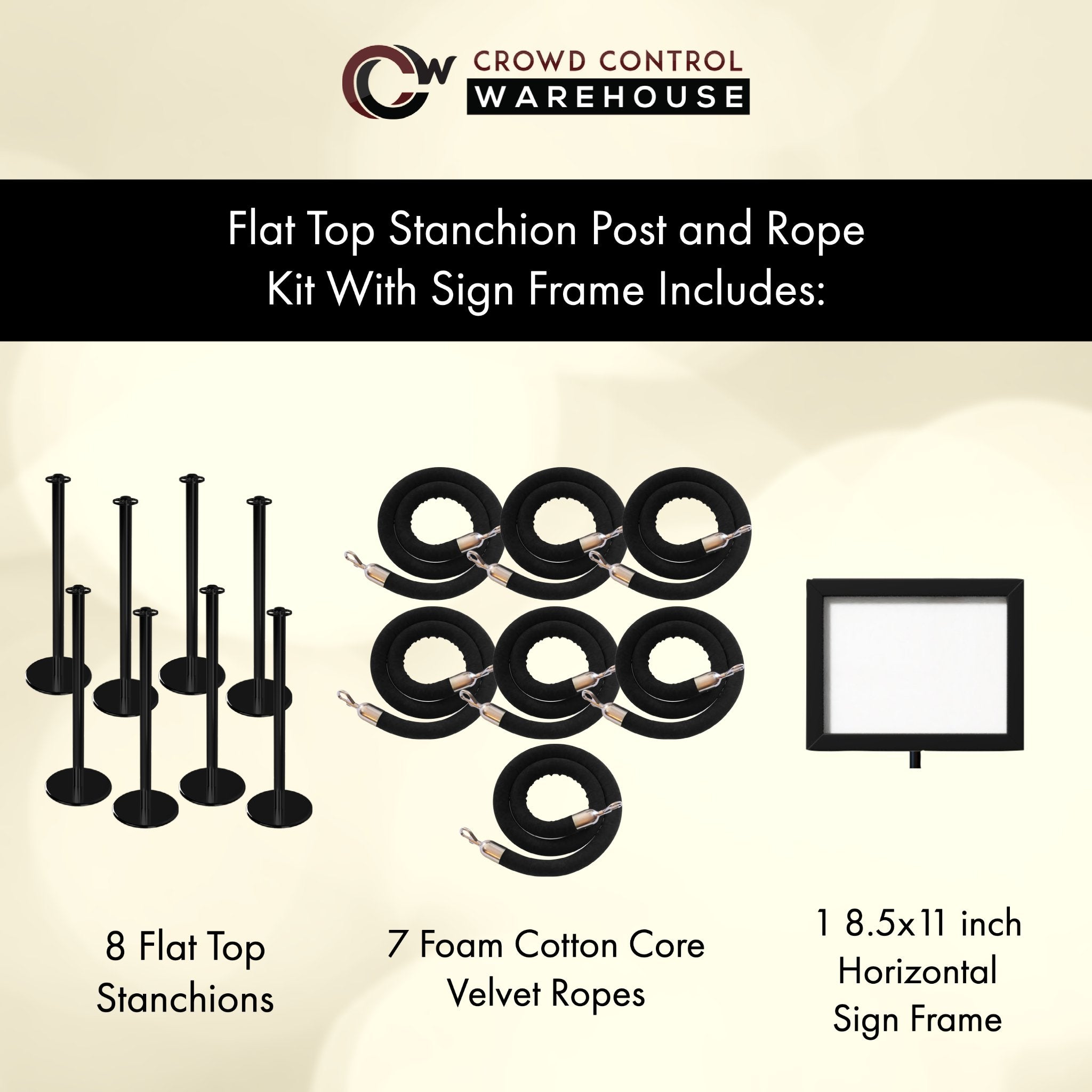 Post and Rope Stanchion Kit, Flat Top Posts, 6 Ft. Velvet Foam Core Rope and Sign Frame - Montour Line - Crowd Control Warehouse