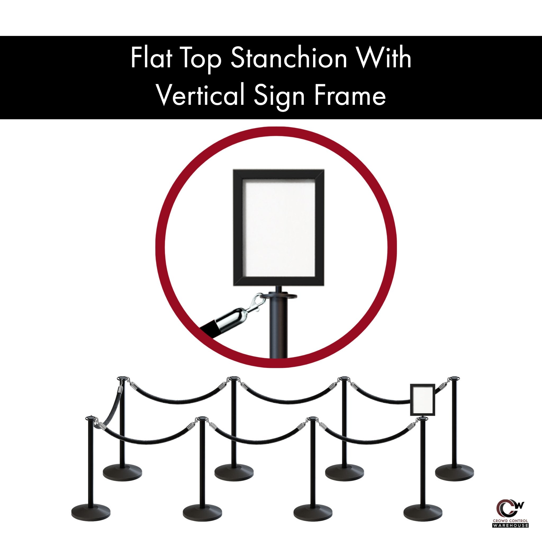 Post and Rope Stanchion Kit, Flat Top Posts, 6 Ft. Velvet Foam Core Rope and Sign Frame - Montour Line - Crowd Control Warehouse