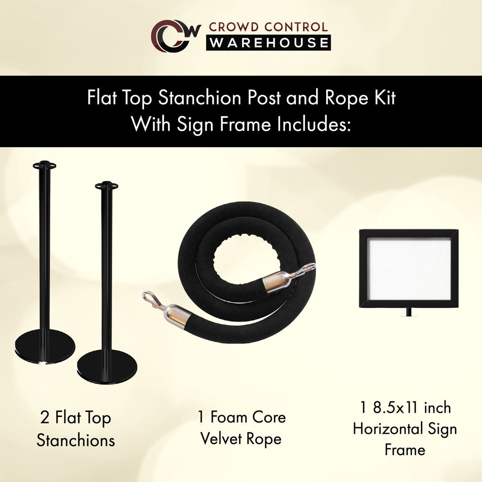 Post and Rope Stanchion Kit, Flat Top Posts, 6 Ft. Velvet Foam Core Rope and Sign Frame - Montour Line - Crowd Control Warehouse