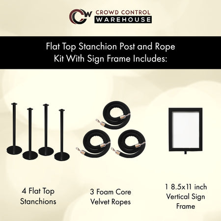 Post and Rope Stanchion Kit, Flat Top Posts, 6 Ft. Velvet Foam Core Rope and Sign Frame - Montour Line - Crowd Control Warehouse