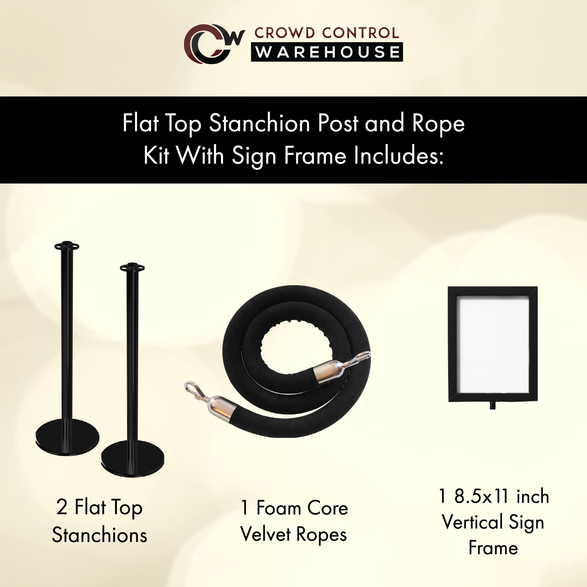 Post and Rope Stanchion Kit, Flat Top Posts, 6 Ft. Velvet Foam Core Rope and Sign Frame - Montour Line - Crowd Control Warehouse
