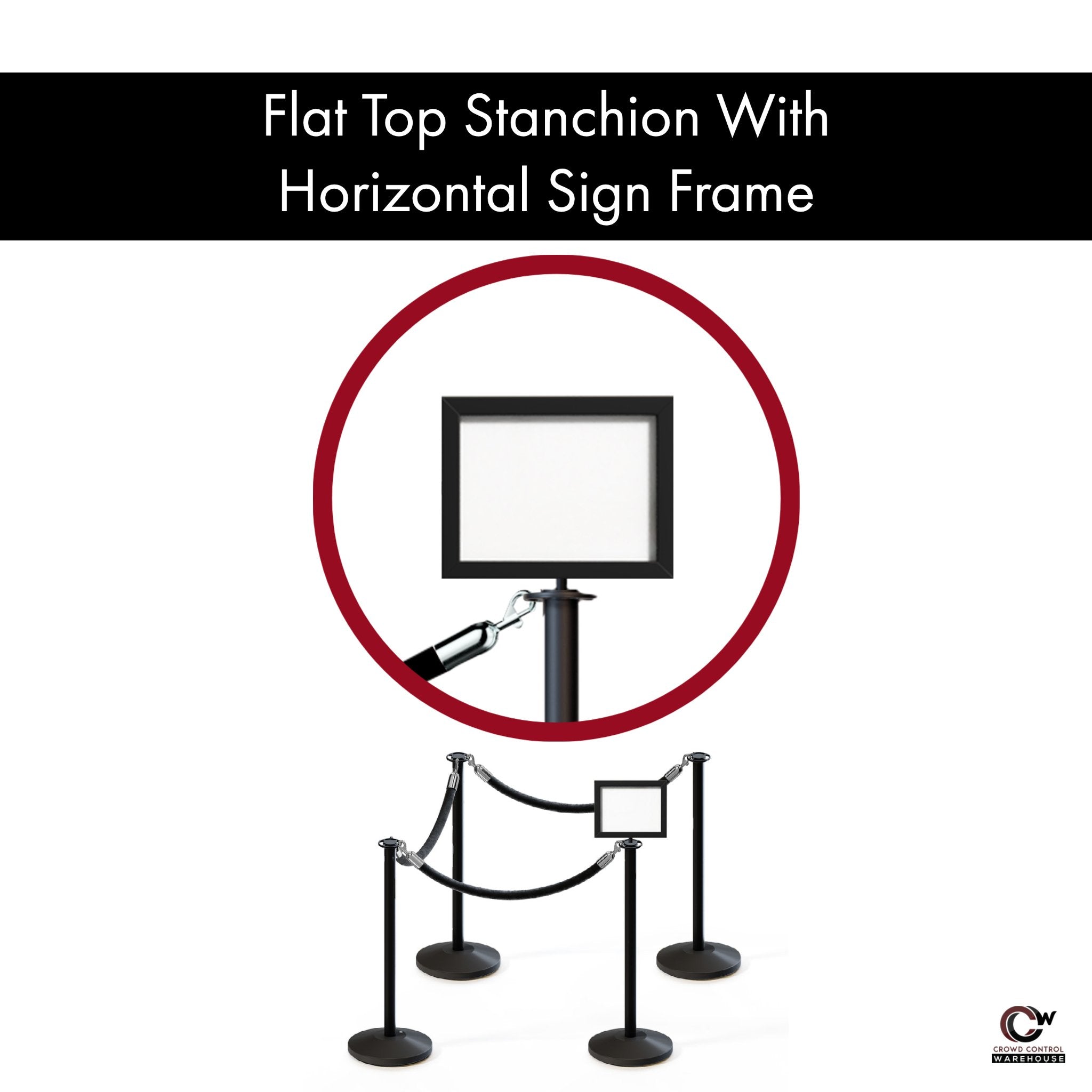 Post and Rope Stanchion Kit, Flat Top Posts, 6 Ft. Velvet Foam Core Rope and Sign Frame - Montour Line - Crowd Control Warehouse
