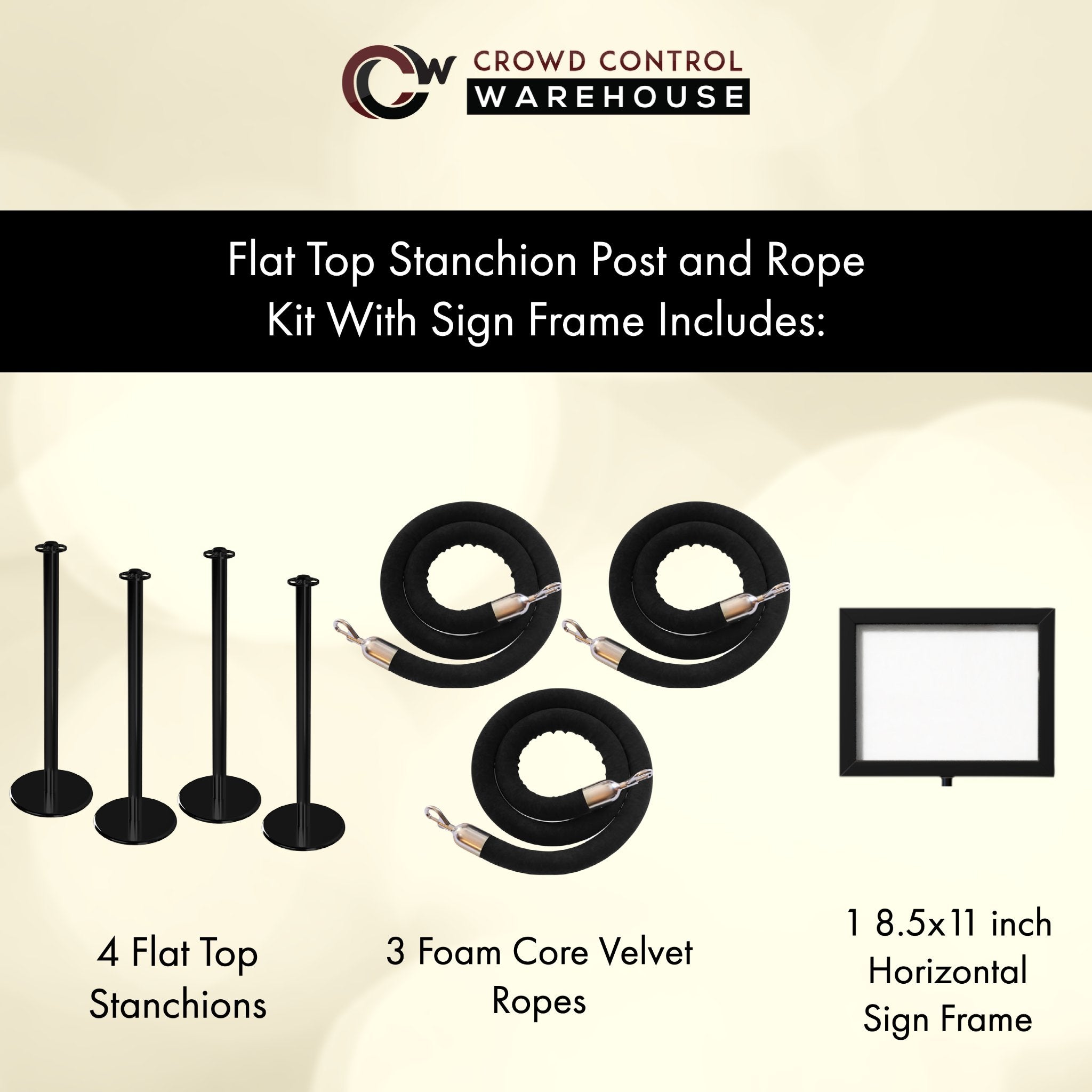 Post and Rope Stanchion Kit, Flat Top Posts, 6 Ft. Velvet Foam Core Rope and Sign Frame - Montour Line - Crowd Control Warehouse