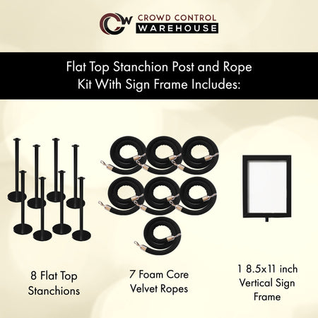 Post and Rope Stanchion Kit, Flat Top Posts, 6 Ft. Velvet Foam Core Rope and Sign Frame - Montour Line - Crowd Control Warehouse