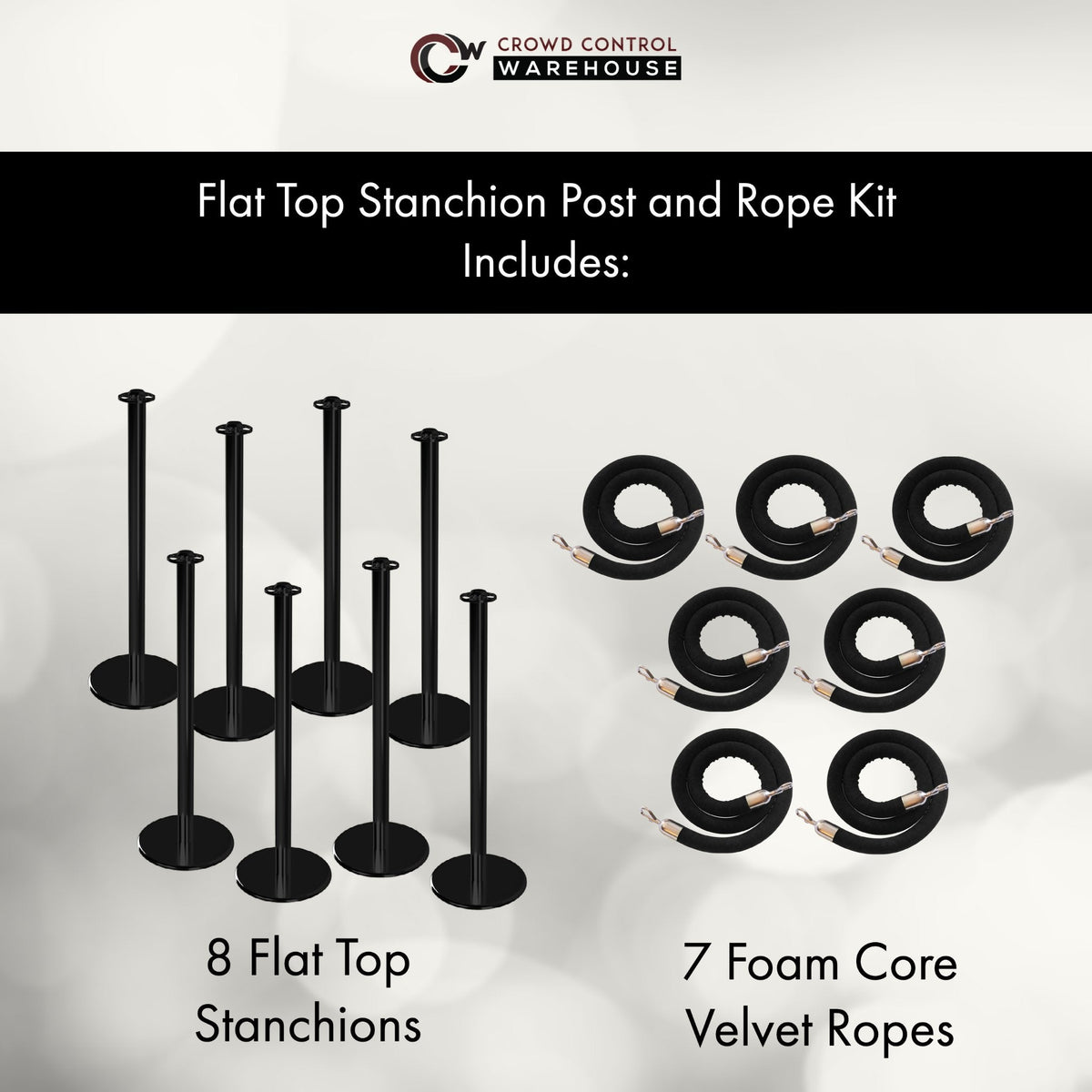 Post and Rope Stanchion Kit, Flat Top Posts, 6 Ft. Velvet Foam Core Rope - Montour Line - Crowd Control Warehouse