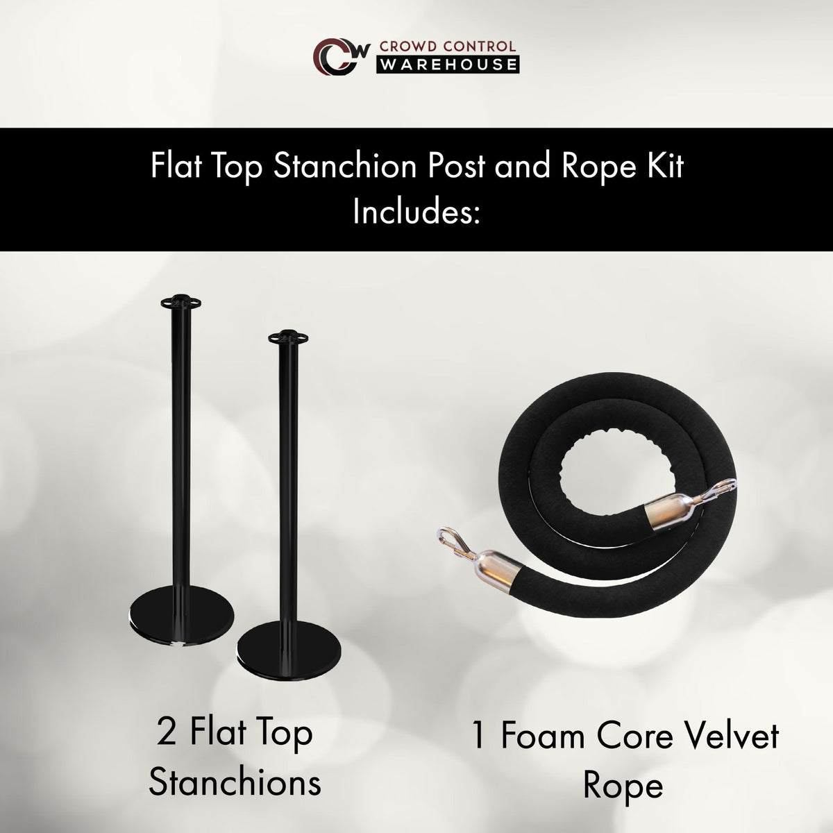 Post and Rope Stanchion Kit, Flat Top Posts, 6 Ft. Velvet Foam Core Rope - Montour Line - Crowd Control Warehouse