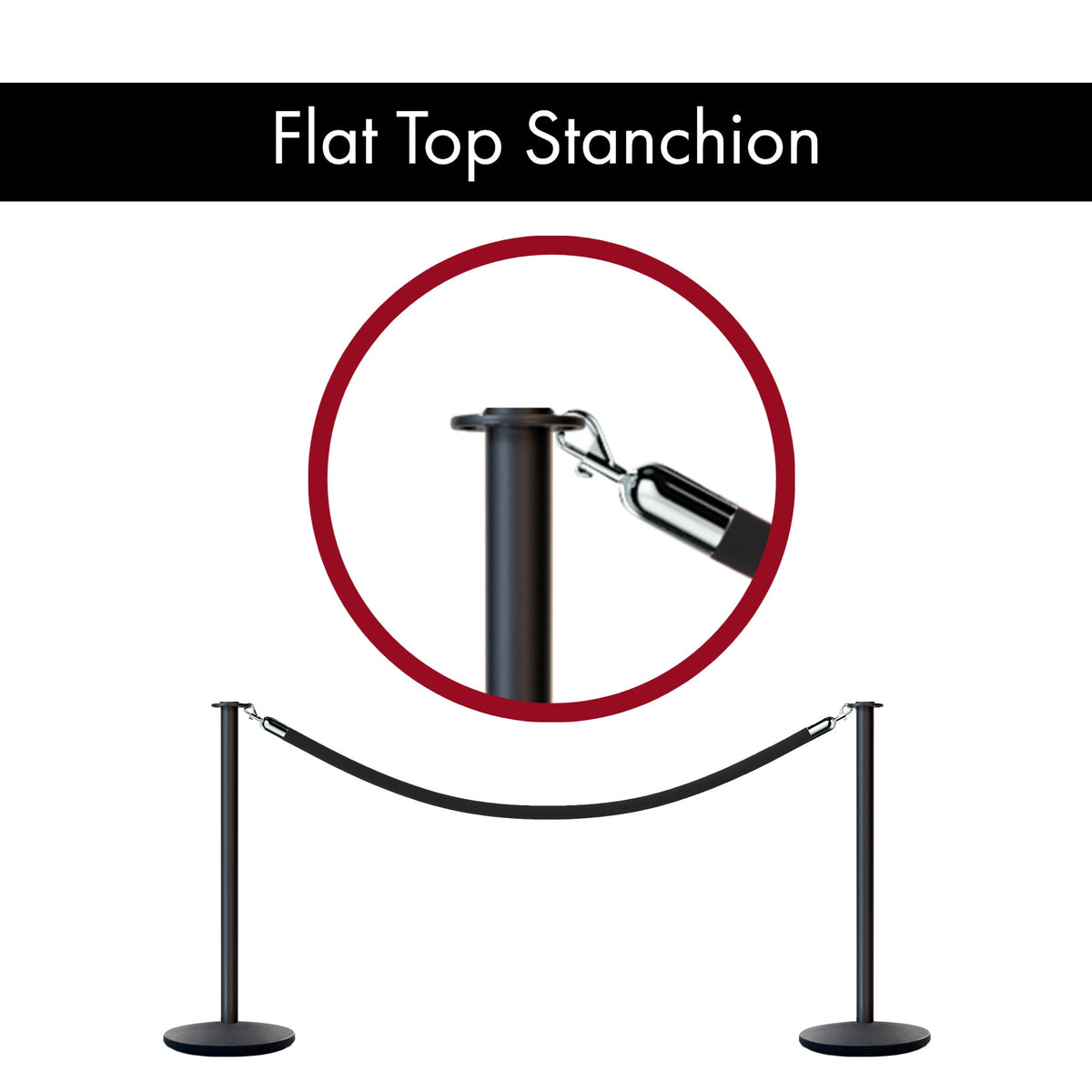 Post & Rope Stanchion, Flat Top, Flat Cast Iron Base - CCW Series - Crowd Control Warehouse