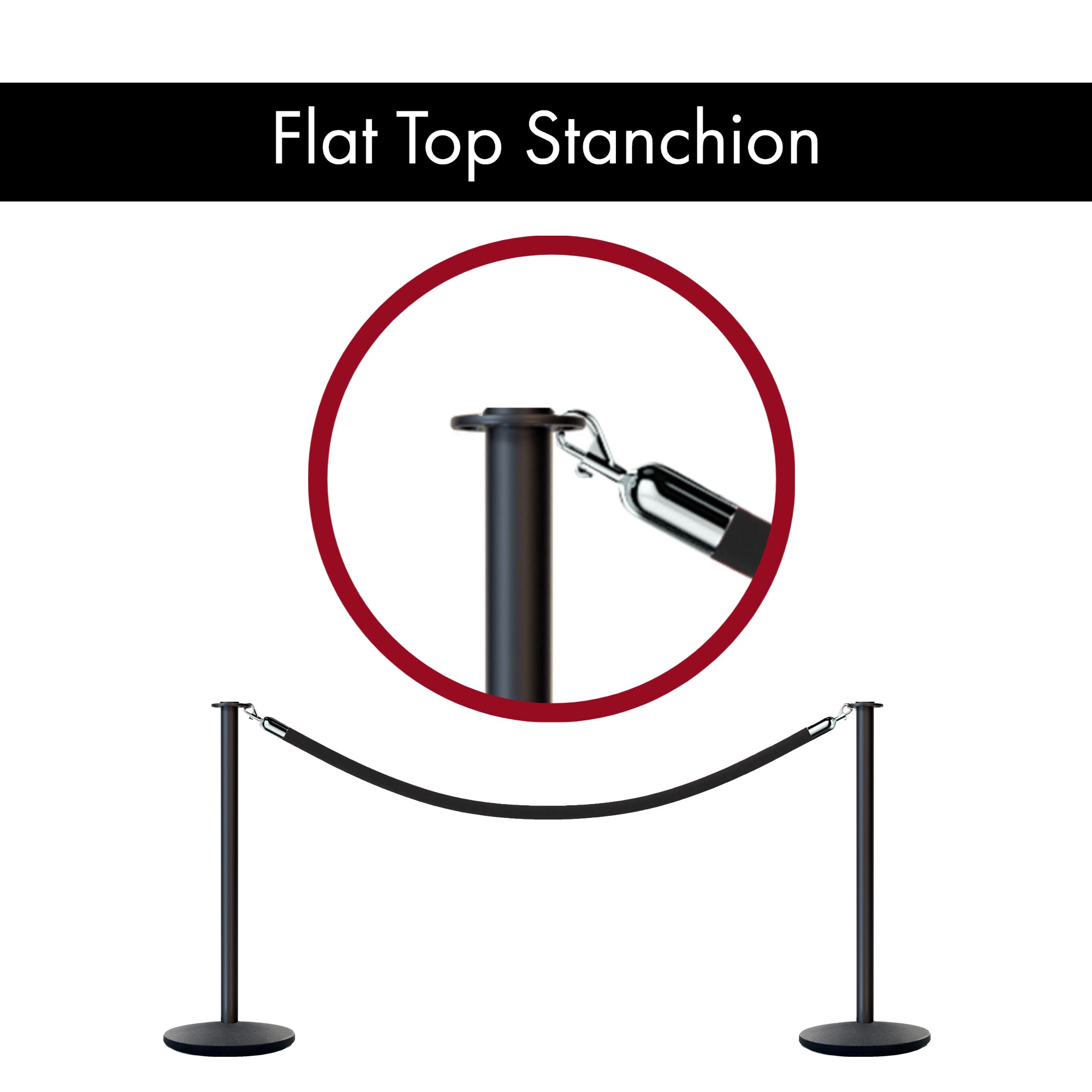 Post & Rope Stanchion, Flat Top, Flat Cast Iron Base - CCW Series - Crowd Control Warehouse