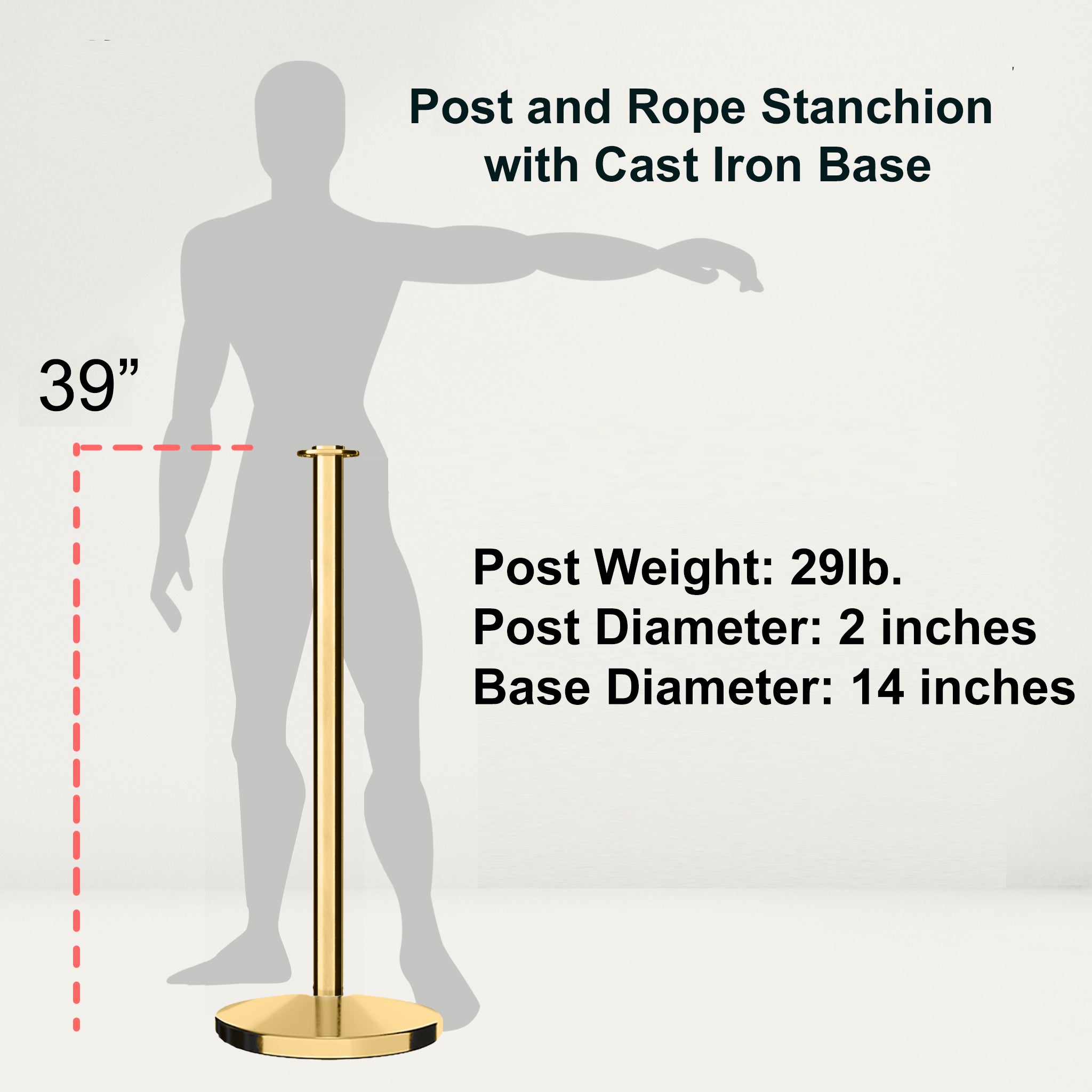 Post & Rope Stanchion, Flat Top, Flat Cast Iron Base - CCW Series - Crowd Control Warehouse