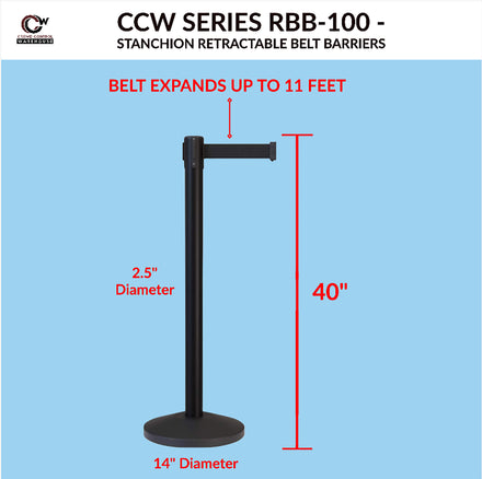 Retractable Belt Barrier Stanchion, Satin Stainless Steel Post, 11 Ft. Belt - CCW Series RBB-100