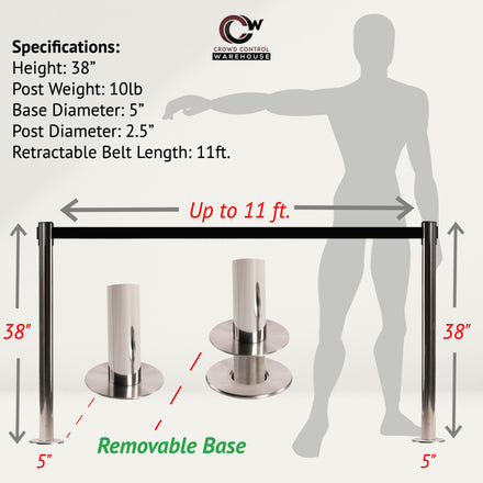 Retractable Belt Barrier Stanchion, Removable Base, Polished Brass Post, 11 Ft. Belt - Montour Line MX630R