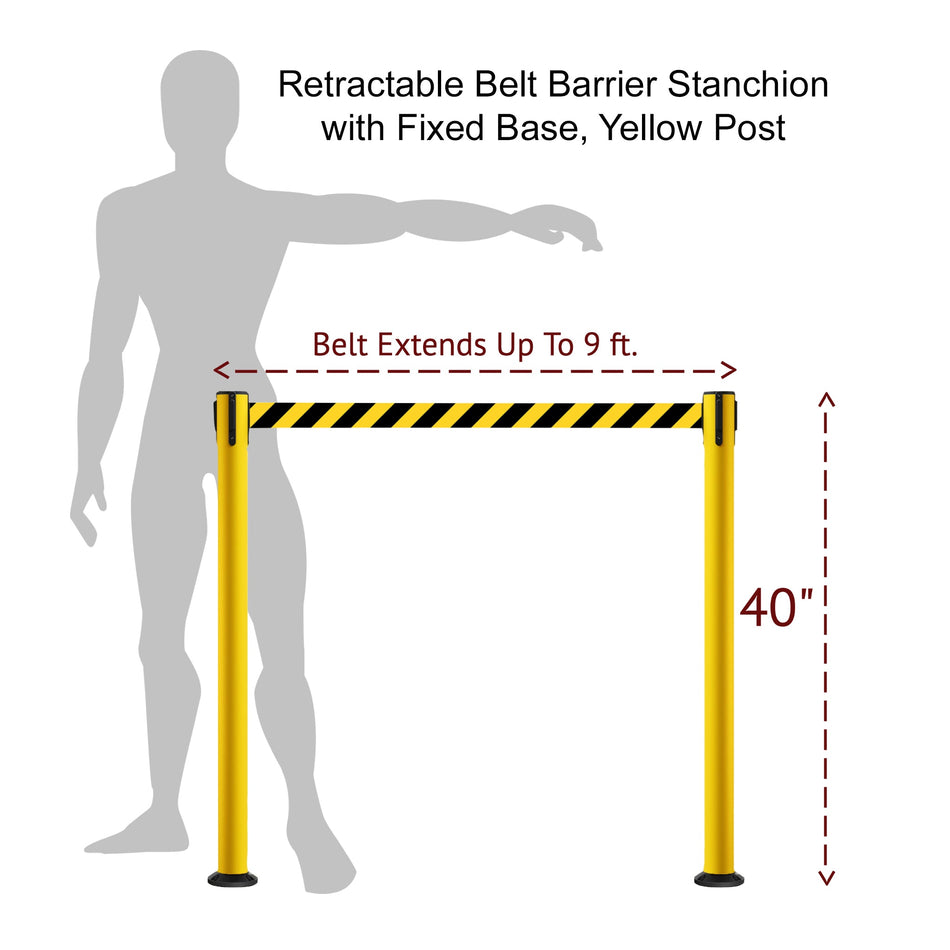 Retractable Belt Barrier Safety Stanchion, Fixed Base, Yellow Post, 9 Ft. Belt - Montour Line MSX630F - Crowd Control Warehouse
