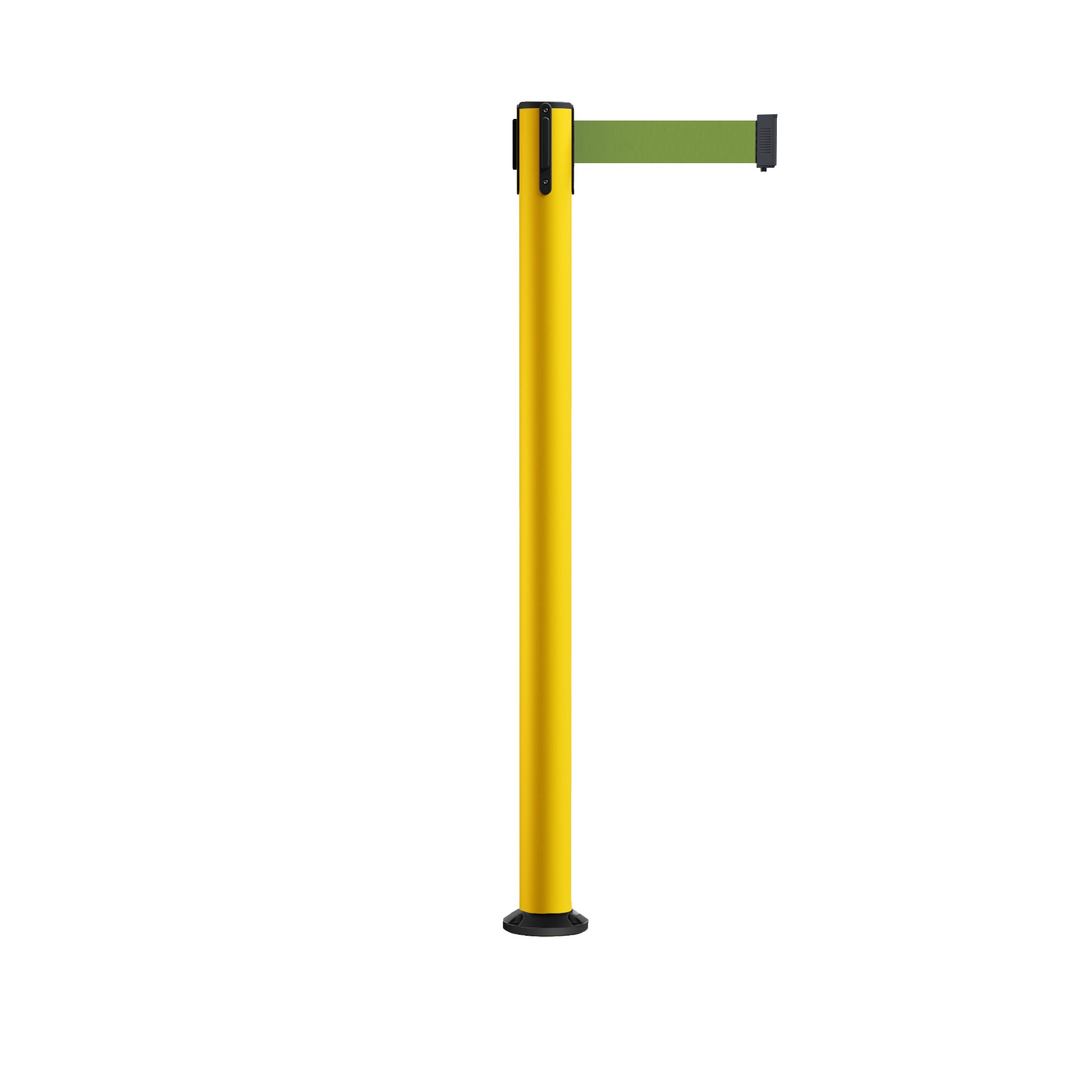 Retractable Belt Barrier Safety Stanchion, Fixed Base, Yellow Post, 9 Ft. Belt - Montour Line MSX630F - Crowd Control Warehouse