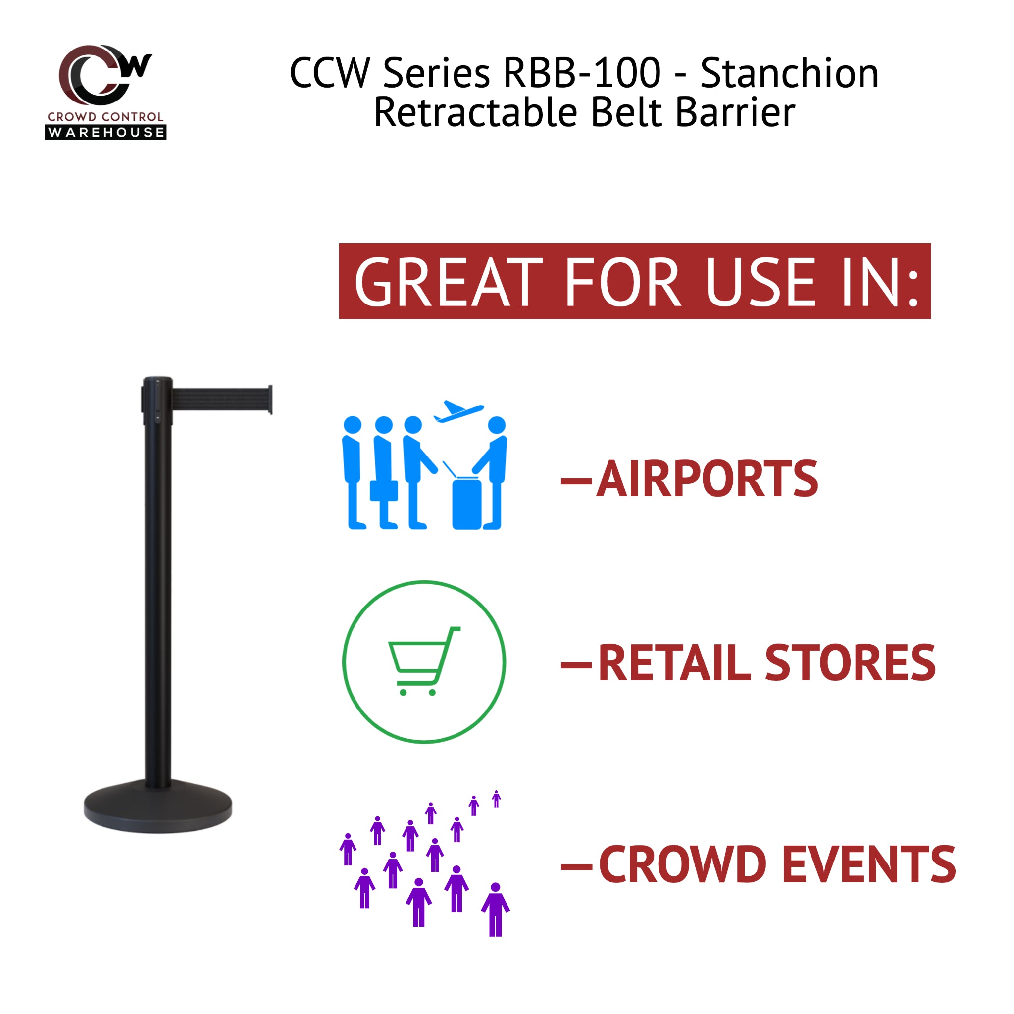 Retractable Belt Barrier Stanchion, Black Post, 12 Ft. Belt - CCW Series RBB - 100 - Crowd Control Warehouse