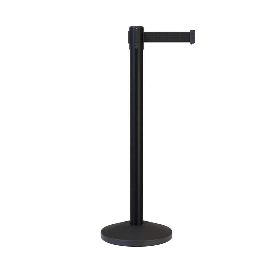 Retractable Belt Barrier Stanchion, Black Post, 12 Ft. Belt - CCW Series RBB - 100 - Crowd Control Warehouse