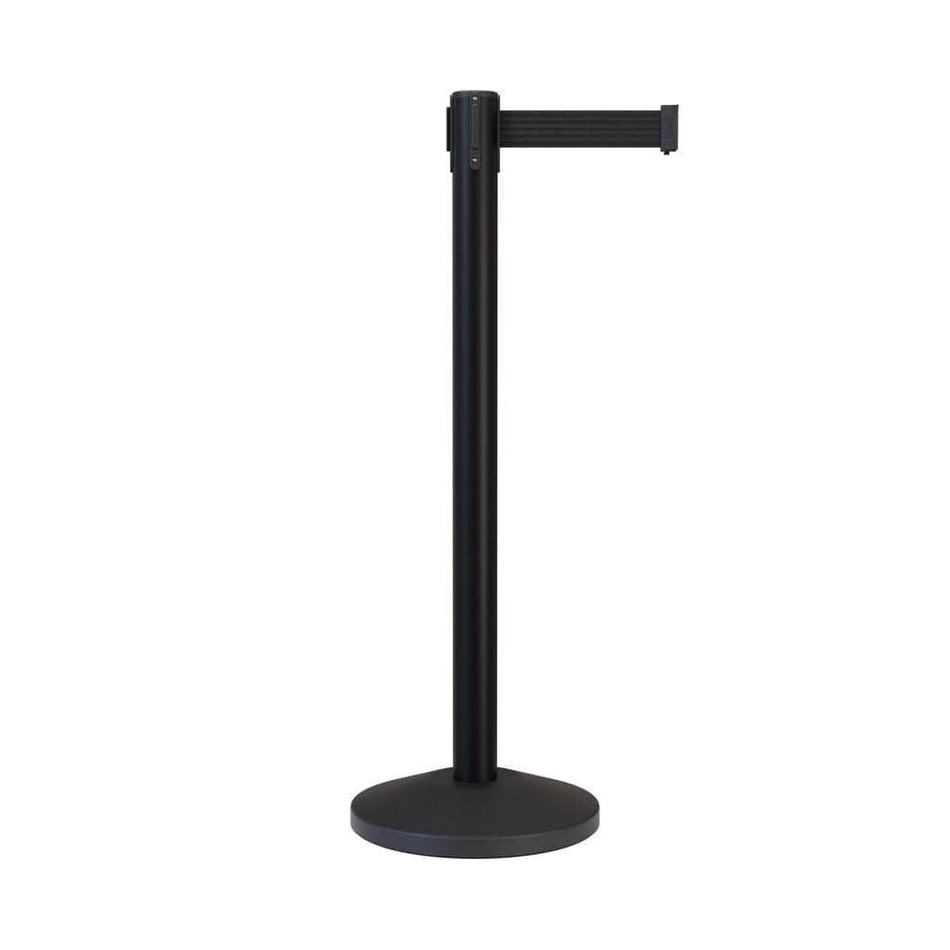 Retractable Belt Barrier Stanchion, Black Post, 7.5 Ft. Belt - CCW Series RBB - 100 - Crowd Control Warehouse