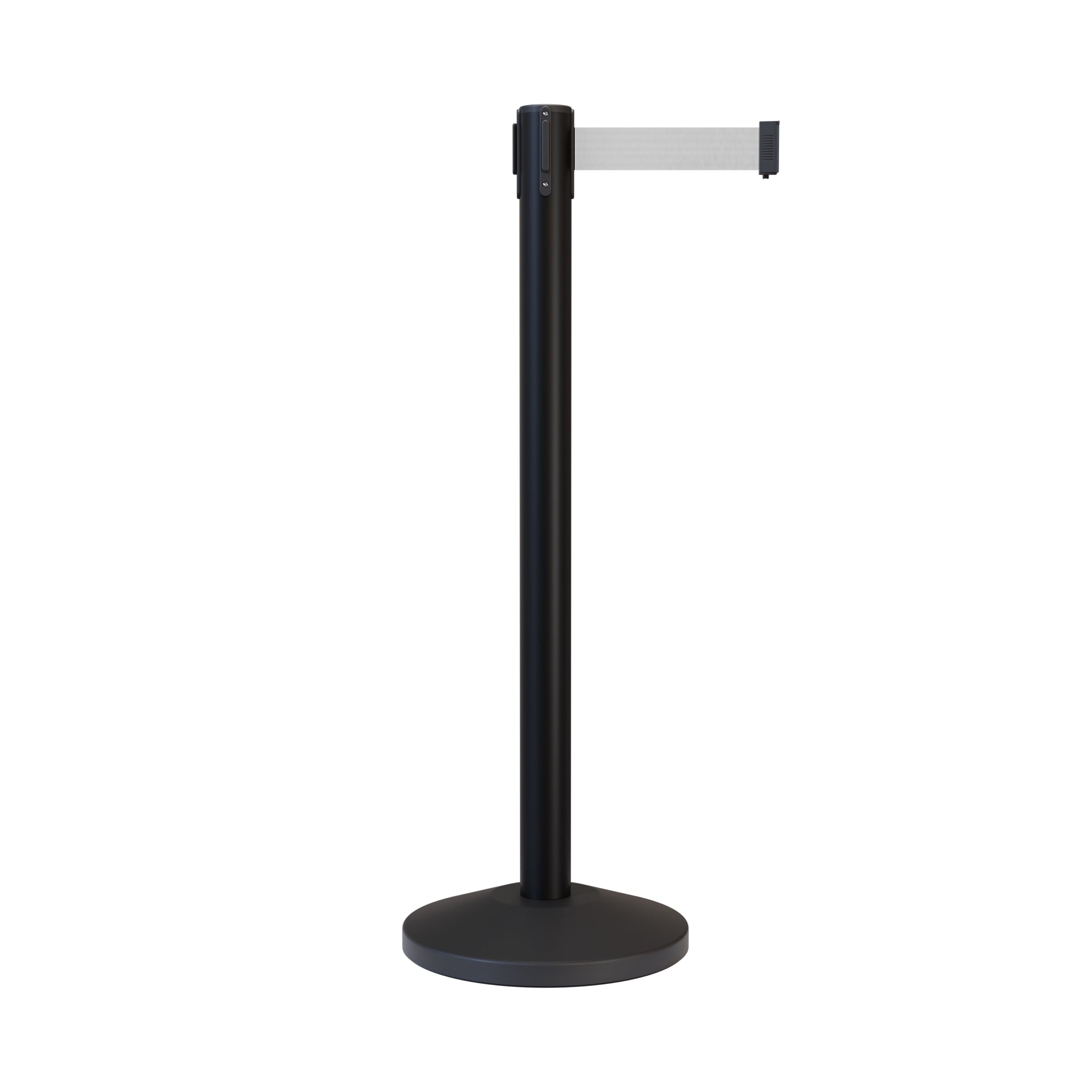 Retractable Belt Barrier Stanchion, Black Post, 7.5 Ft. Belt - CCW Series RBB - 100 - Crowd Control Warehouse