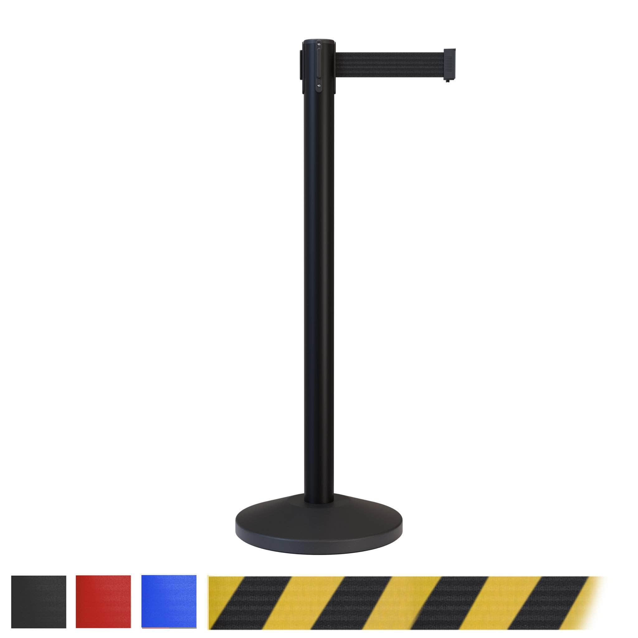 Retractable Belt Barrier Stanchion, Black Post, 7.5 Ft. Belt - CCW Series RBB - 100 - Crowd Control Warehouse