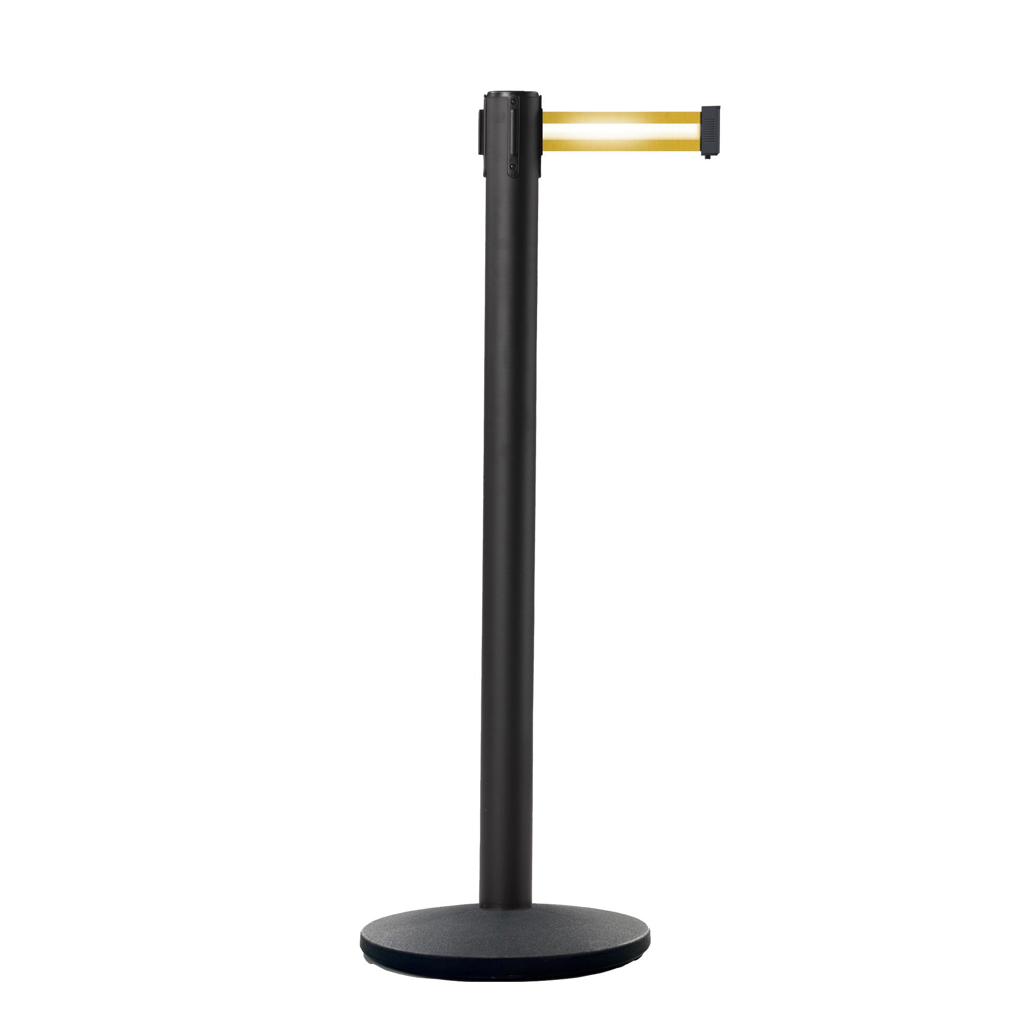 Retractable Belt Barrier Stanchion, Black Post, Cast Iron Base, 11 Ft. Belt - Montour Line MI630 - Crowd Control Warehouse