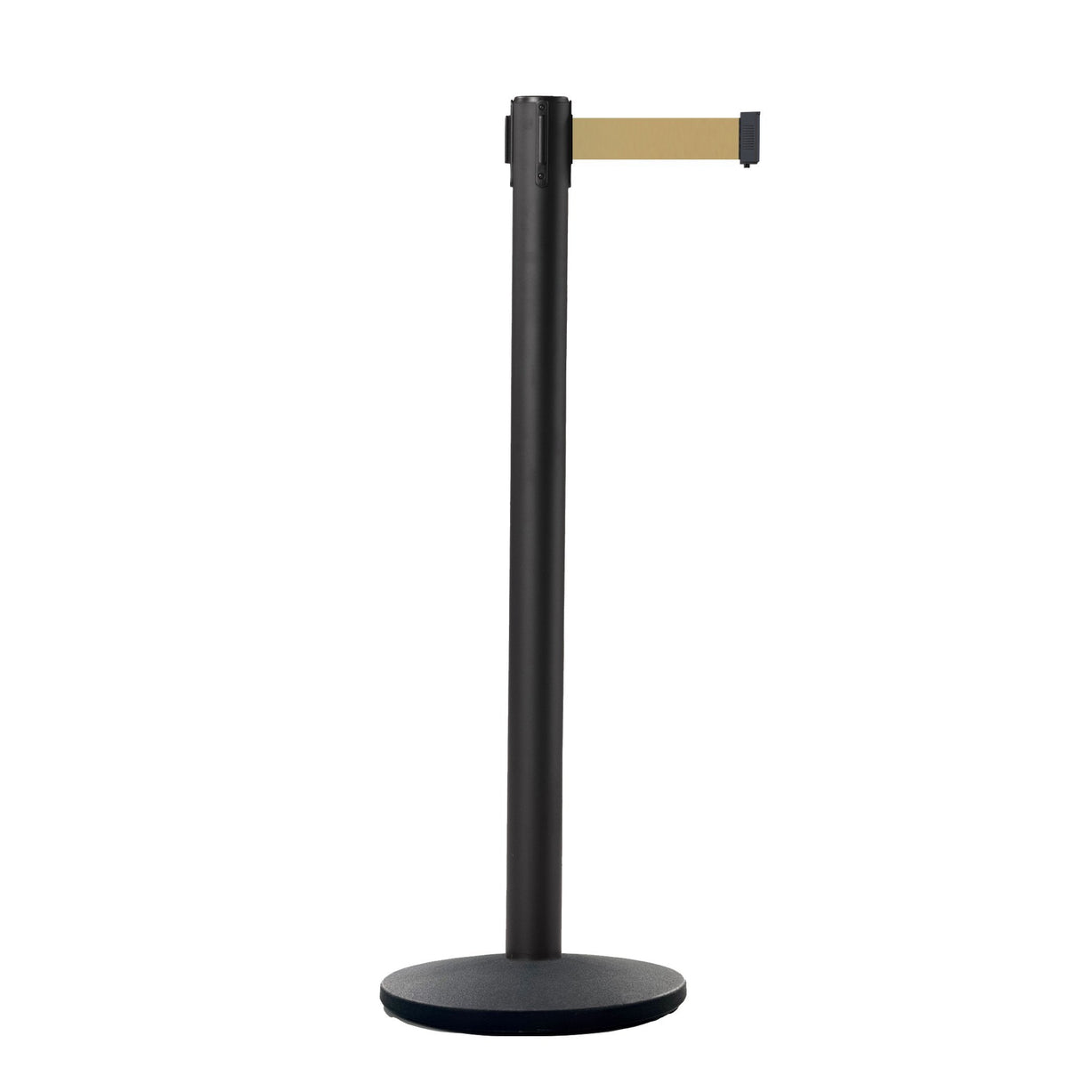 Retractable Belt Barrier Stanchion, Black Post, Cast Iron Base, 11 Ft. Belt - Montour Line MI630 - Crowd Control Warehouse