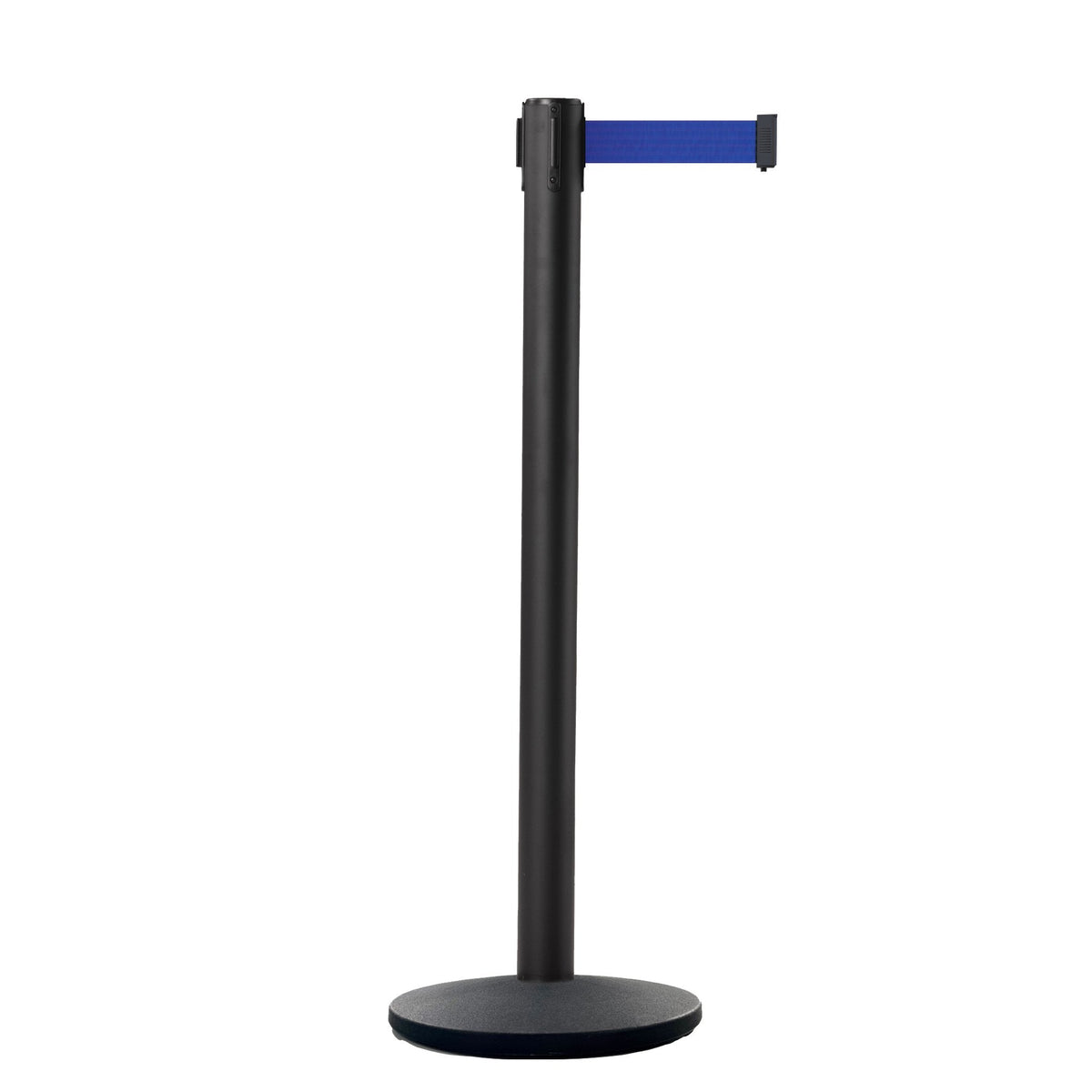 Retractable Belt Barrier Stanchion, Black Post, Cast Iron Base, 13 Ft. Belt - Montour Line MI630 - Crowd Control Warehouse