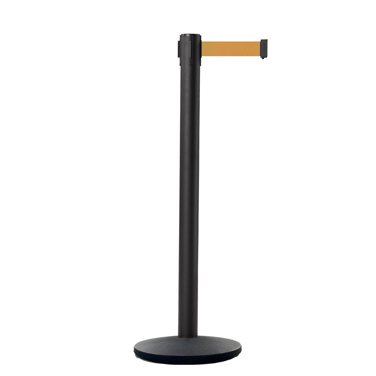 Retractable Belt Barrier Stanchion, Black Post, Cast Iron Base, 13 Ft. Belt - Montour Line MI630 - Crowd Control Warehouse